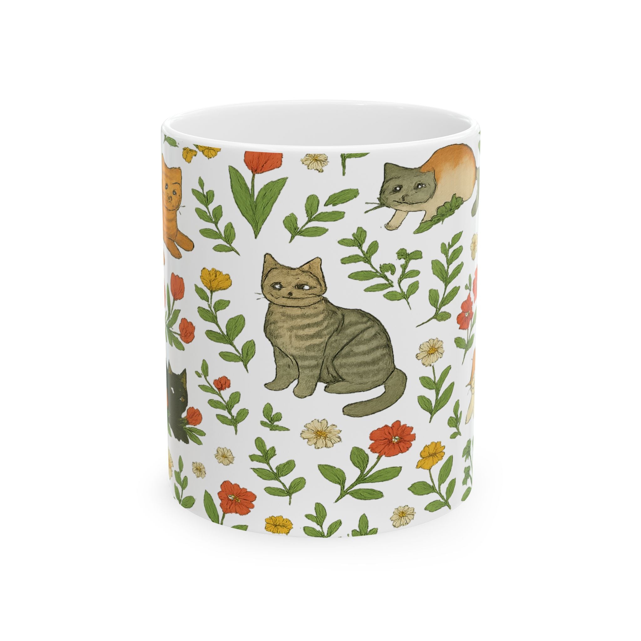 Botanical Cats In Garden Full Wrap Coffee Mug | Cats Gift | Ceramic Mug