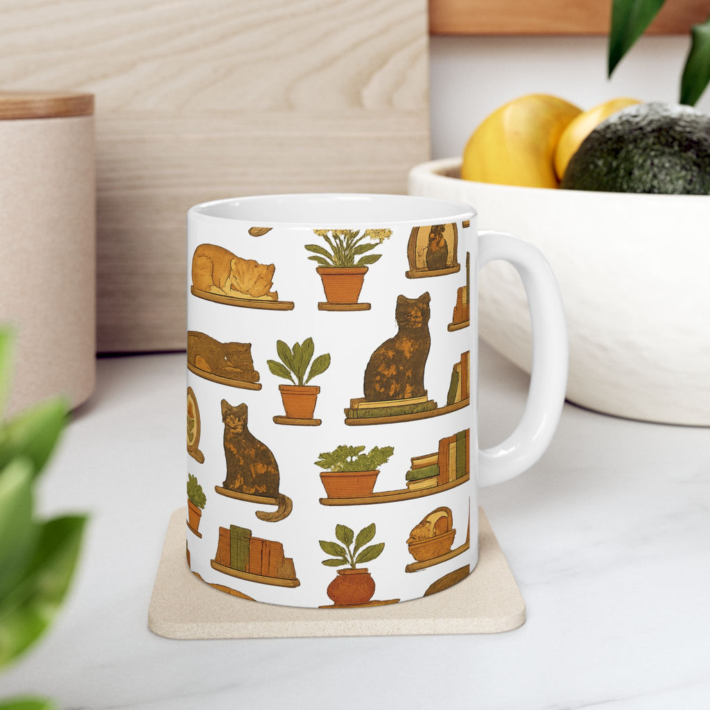 Vintage Cats On Shelves Full Wrap Coffee Mug | Cats Gift | Ceramic Mug