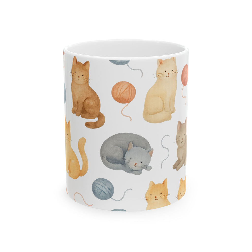 Watercolor Cats With Yarn Full Wrap Coffee Mug | Cats Gift | Ceramic Mug