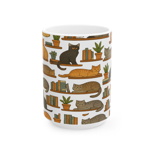 Botanical Cats On Shelves Full Wrap Coffee Mug | Cats Gift | Ceramic Mug