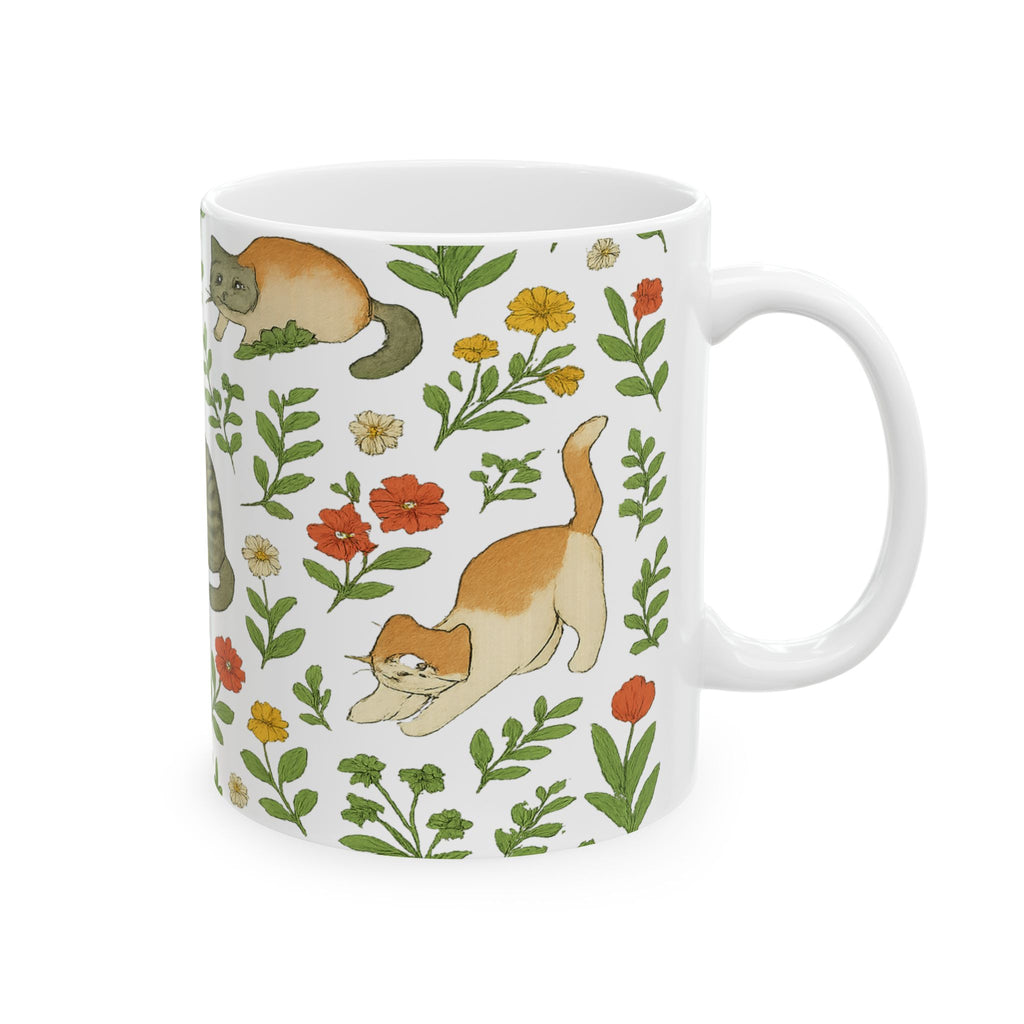 Botanical Cats In Garden Full Wrap Coffee Mug | Cats Gift | Ceramic Mug