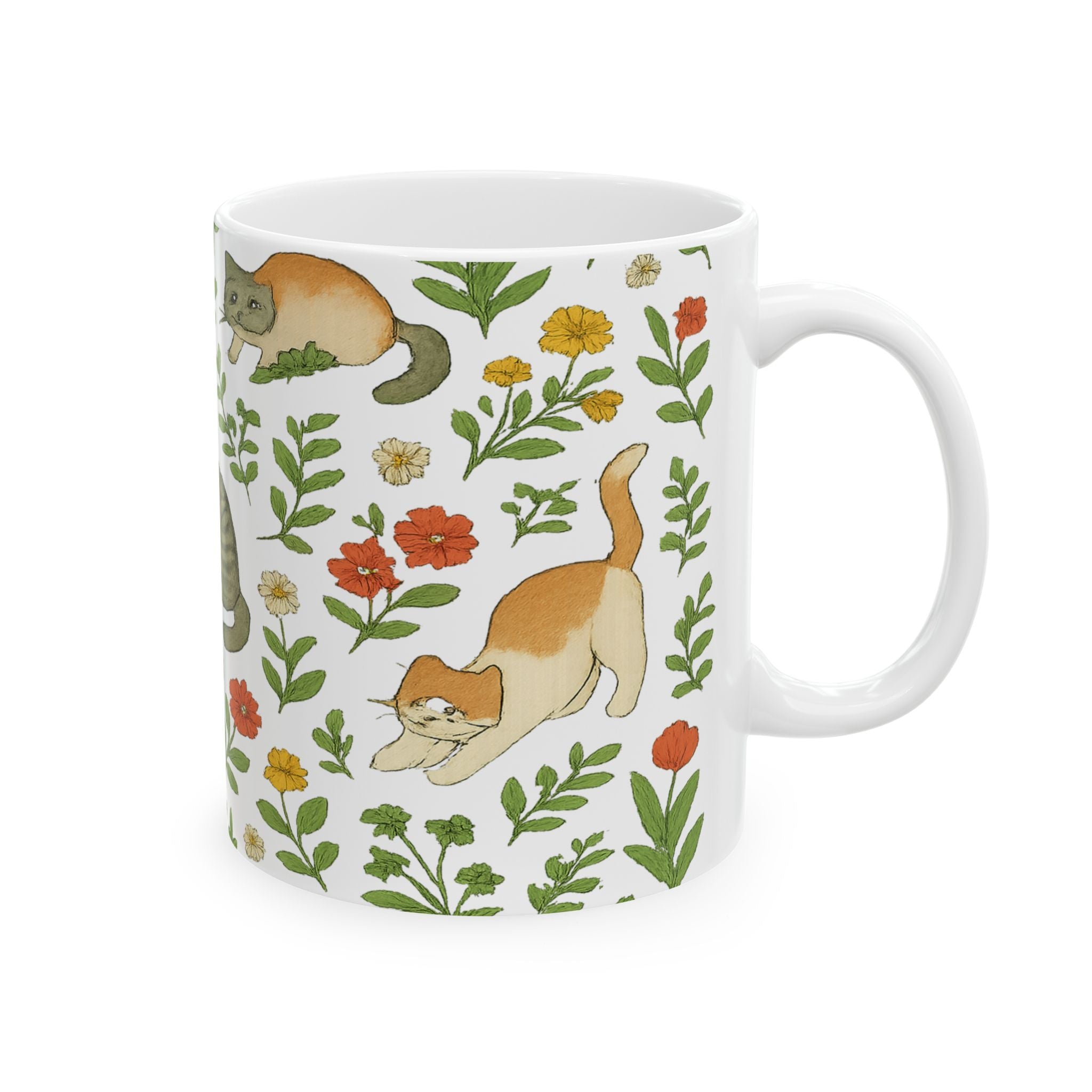 Botanical Cats In Garden Full Wrap Coffee Mug | Cats Gift | Ceramic Mug