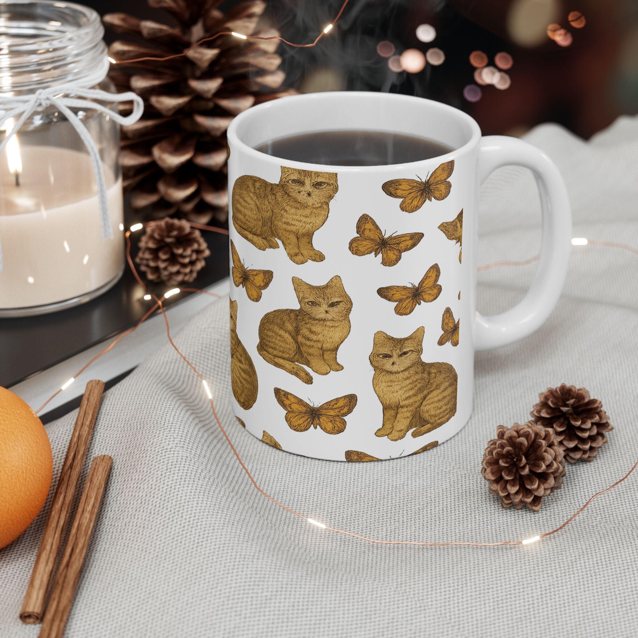 Vintage Cats And Butterflies Full Wrap Coffee Mug | Cats Gift | Ceramic Mug