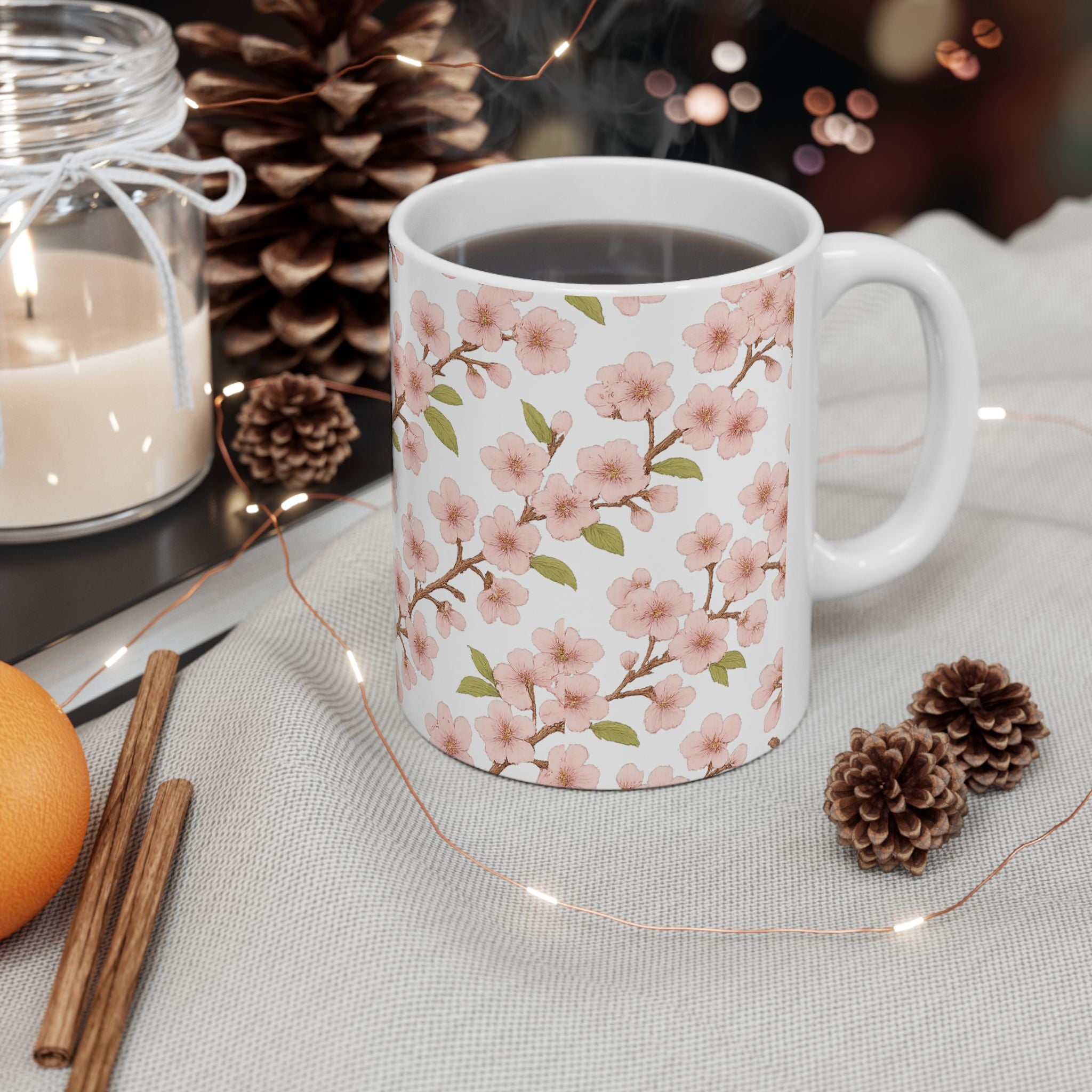 Botanical Cherry Blossom Branches Full Wrap Coffee Mug | Flowers Gift | Ceramic Mug