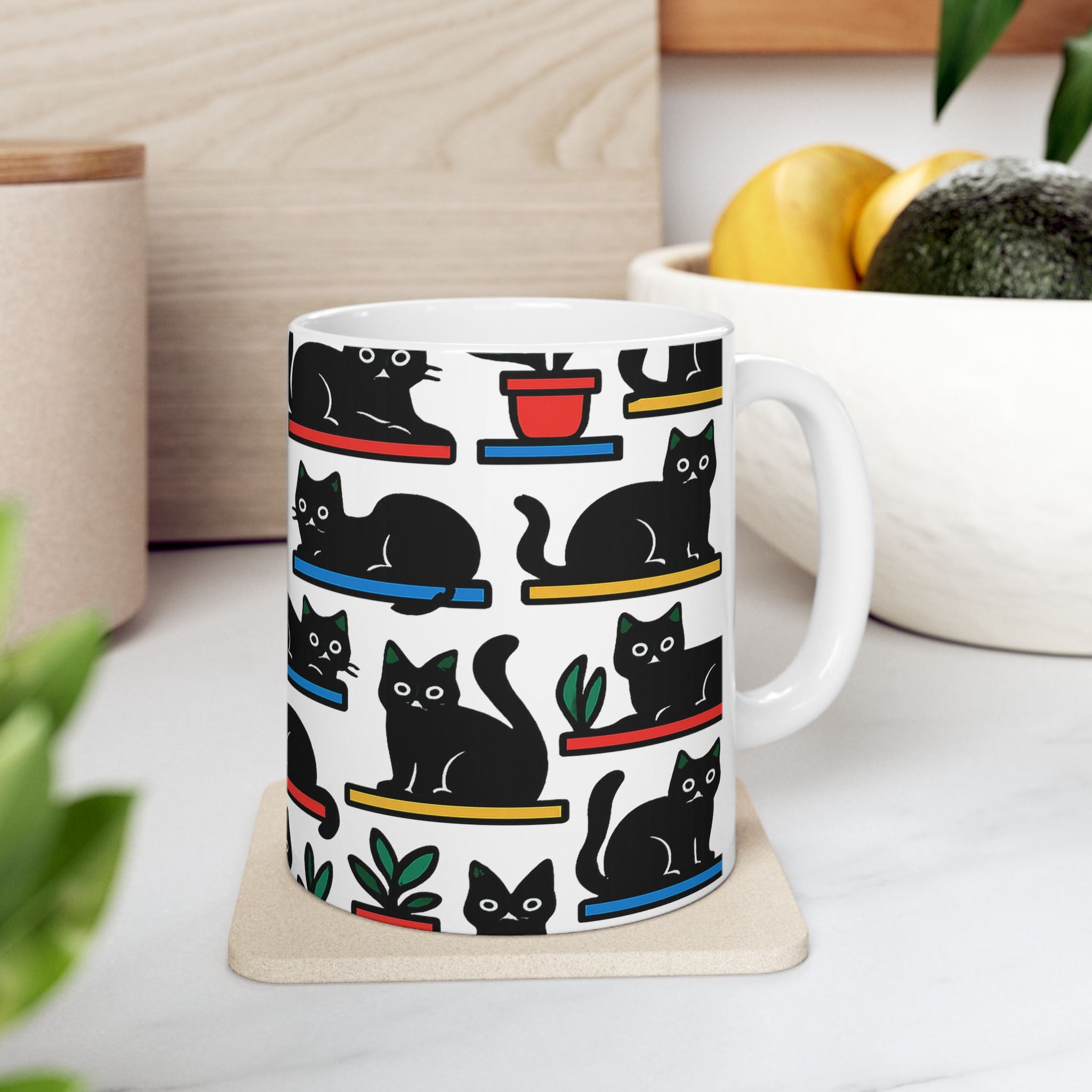 Bold Cats On Shelves Full Wrap Coffee Mug | Cats Gift | Ceramic Mug
