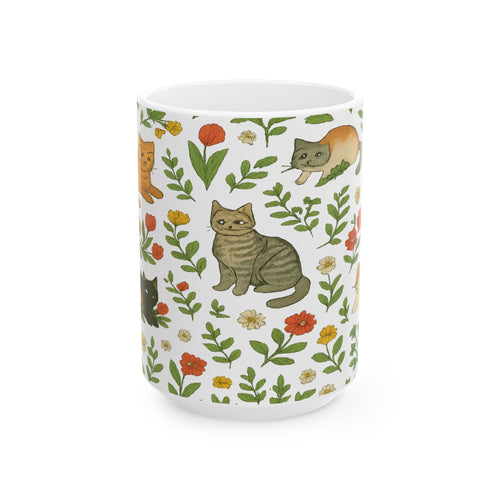 Botanical Cats In Garden Full Wrap Coffee Mug | Cats Gift | Ceramic Mug