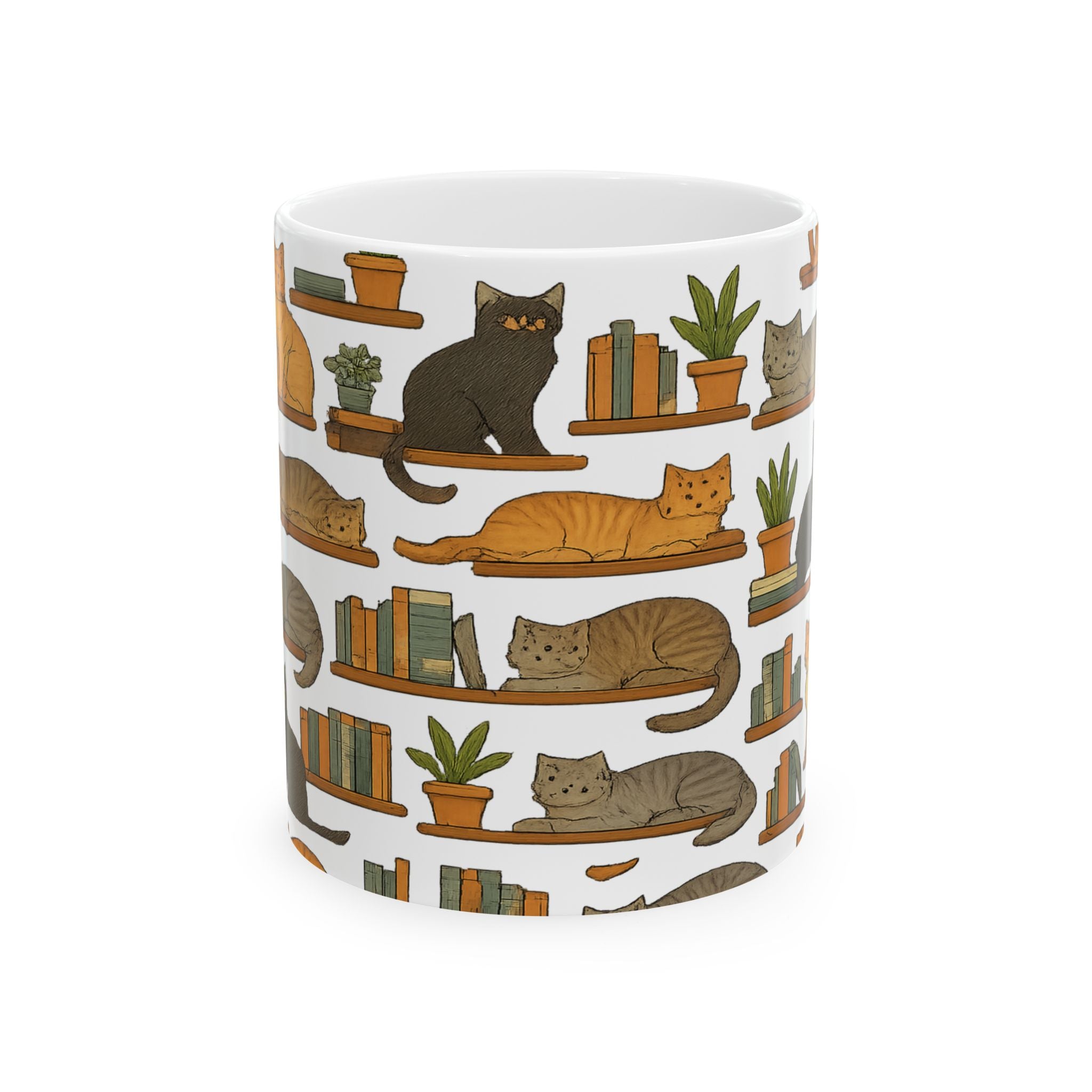 Botanical Cats On Shelves Full Wrap Coffee Mug | Cats Gift | Ceramic Mug