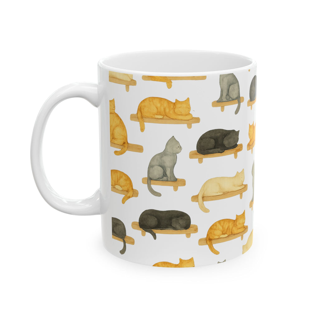 Watercolor Cats On Shelves Full Wrap Coffee Mug | Cats Gift | Ceramic Mug