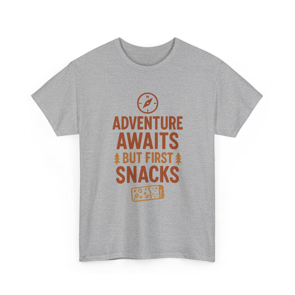 Adventure Awaits But First Snacks T-Shirt | Unique Gift | Graphic Tee