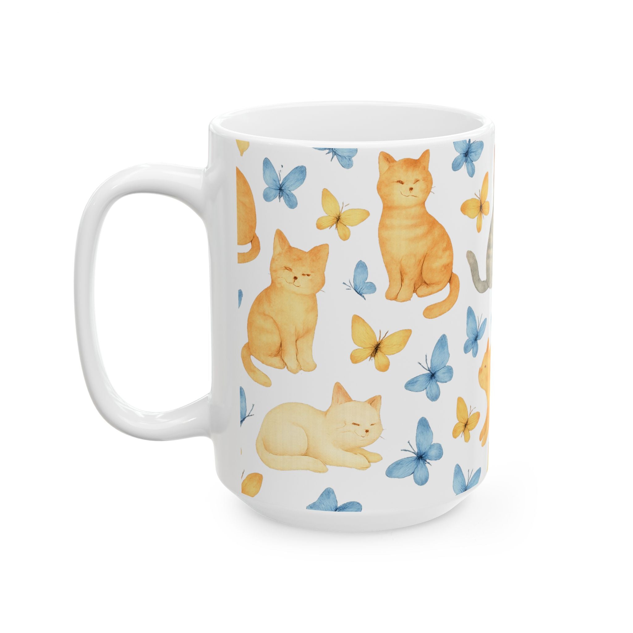 Watercolor Cats And Butterflies Full Wrap Coffee Mug | Cats Gift | Ceramic Mug