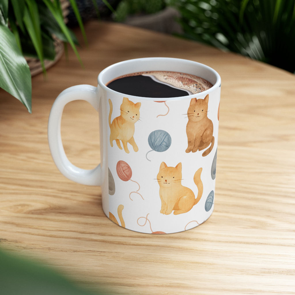 Watercolor Cats With Yarn Full Wrap Coffee Mug | Cats Gift | Ceramic Mug