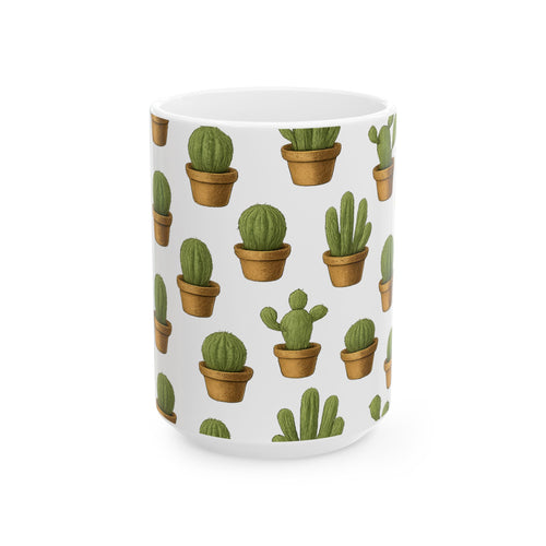 Botanical Tiny Potted Cactus Full Wrap Coffee Mug | Cactus Gift | Ceramic Mug