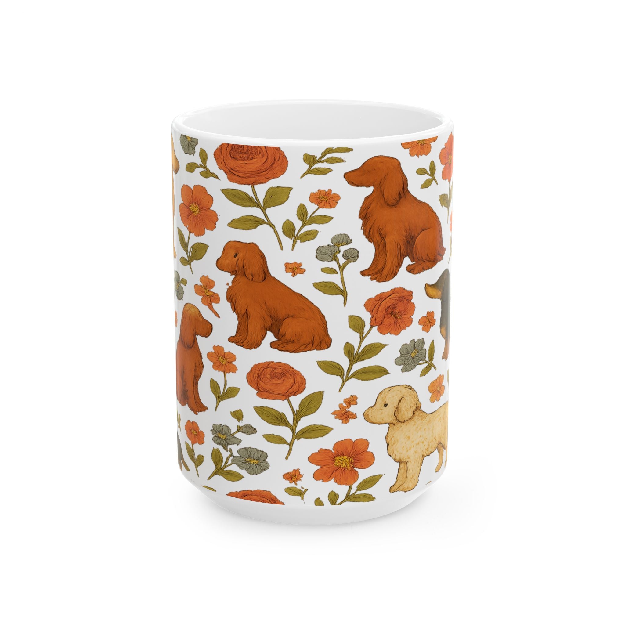 Vintage Dogs And Flowers Full Wrap Coffee Mug | Dogs Gift | Ceramic Mug