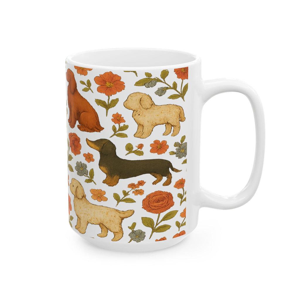 Vintage Dogs And Flowers Full Wrap Coffee Mug | Dogs Gift | Ceramic Mug