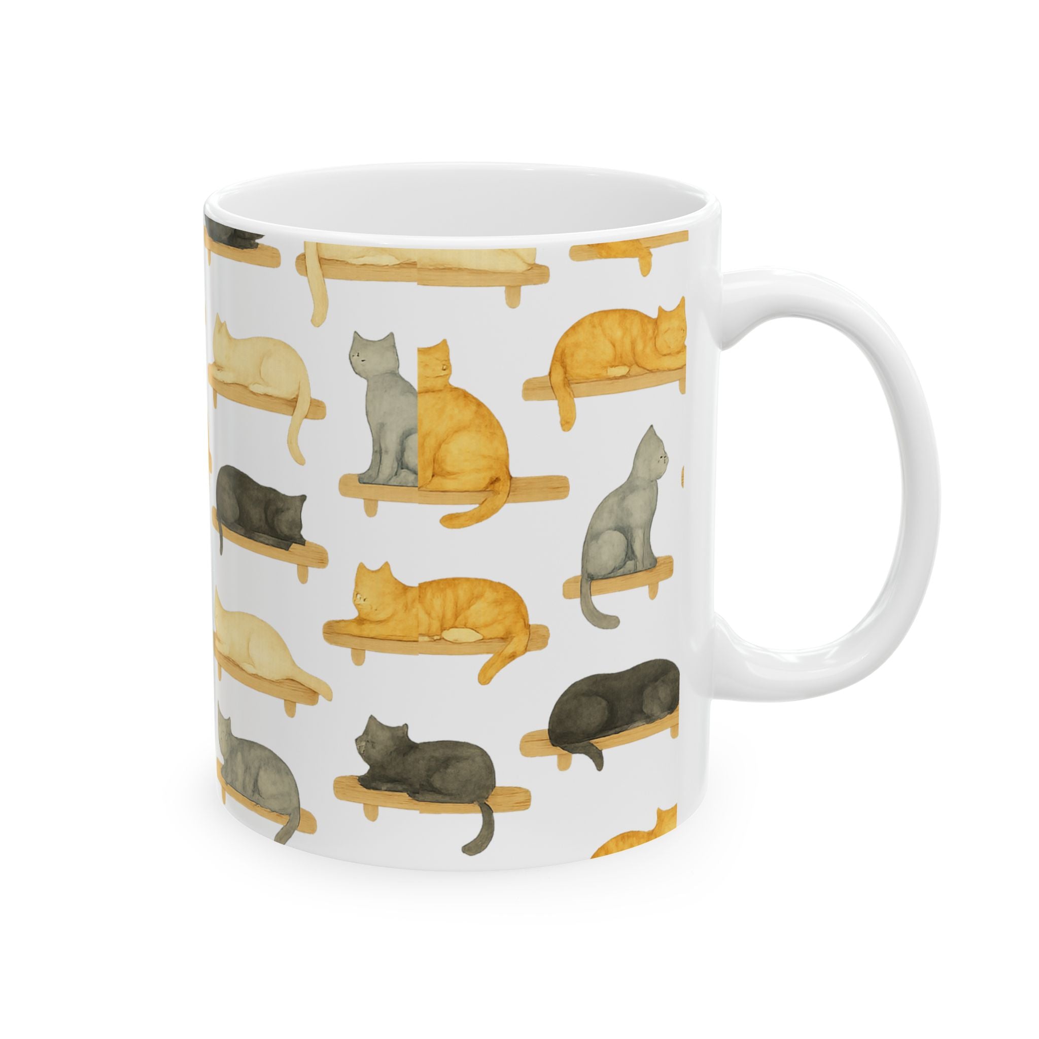 Watercolor Cats On Shelves Full Wrap Coffee Mug | Cats Gift | Ceramic Mug