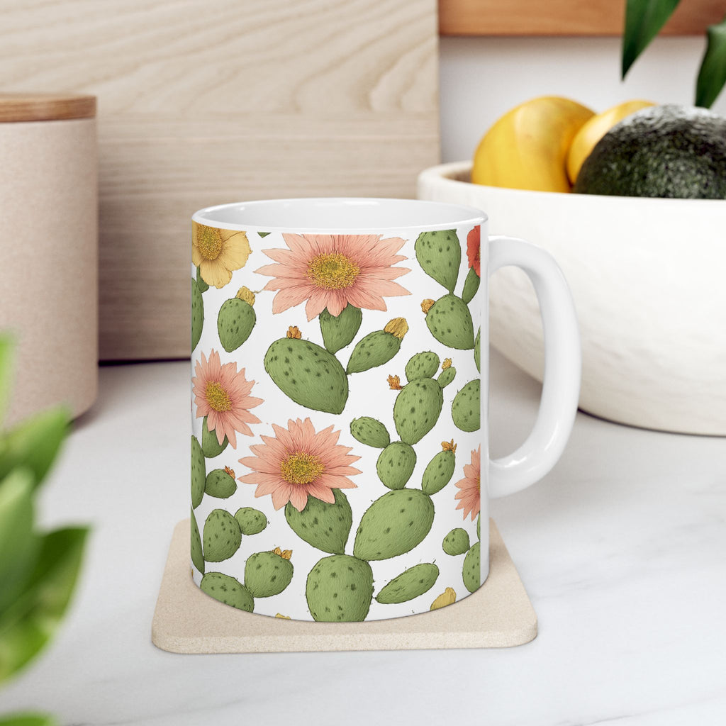 Botanical Blooming Cactus Flowers Pattern Coffee Mug | Cactus Lover Gift | Ceramic Mug