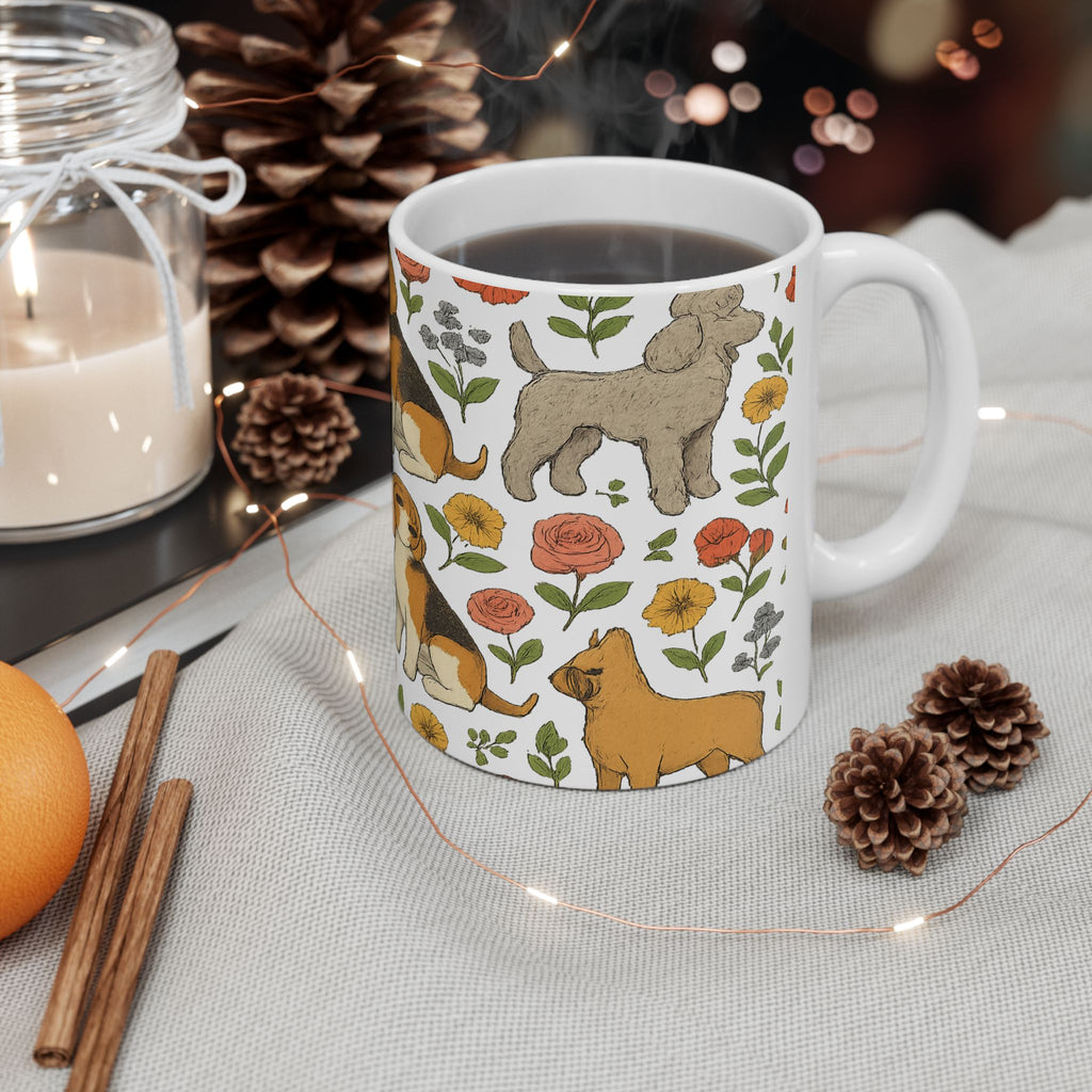 Botanical Dogs And Flowers Full Wrap Coffee Mug | Dogs Gift | Ceramic Mug