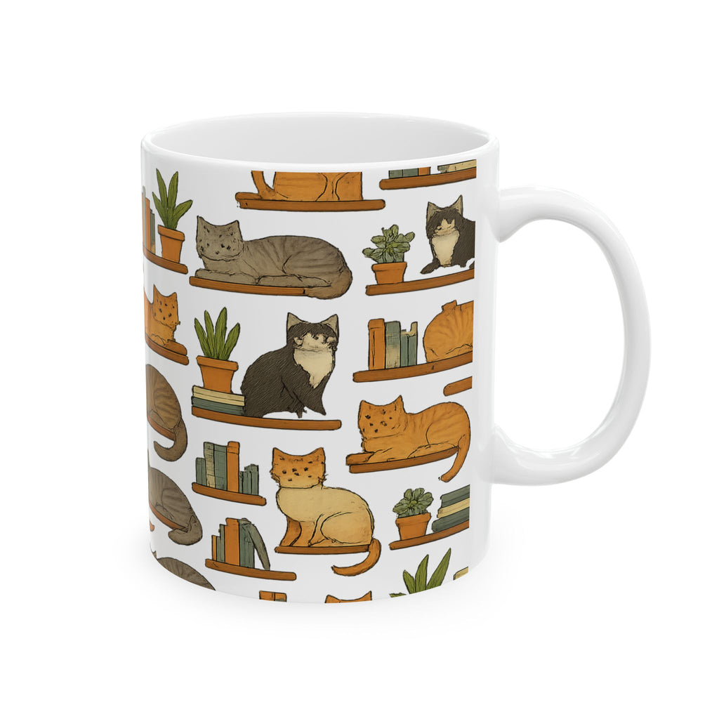 Botanical Cats On Shelves Full Wrap Coffee Mug | Cats Gift | Ceramic Mug
