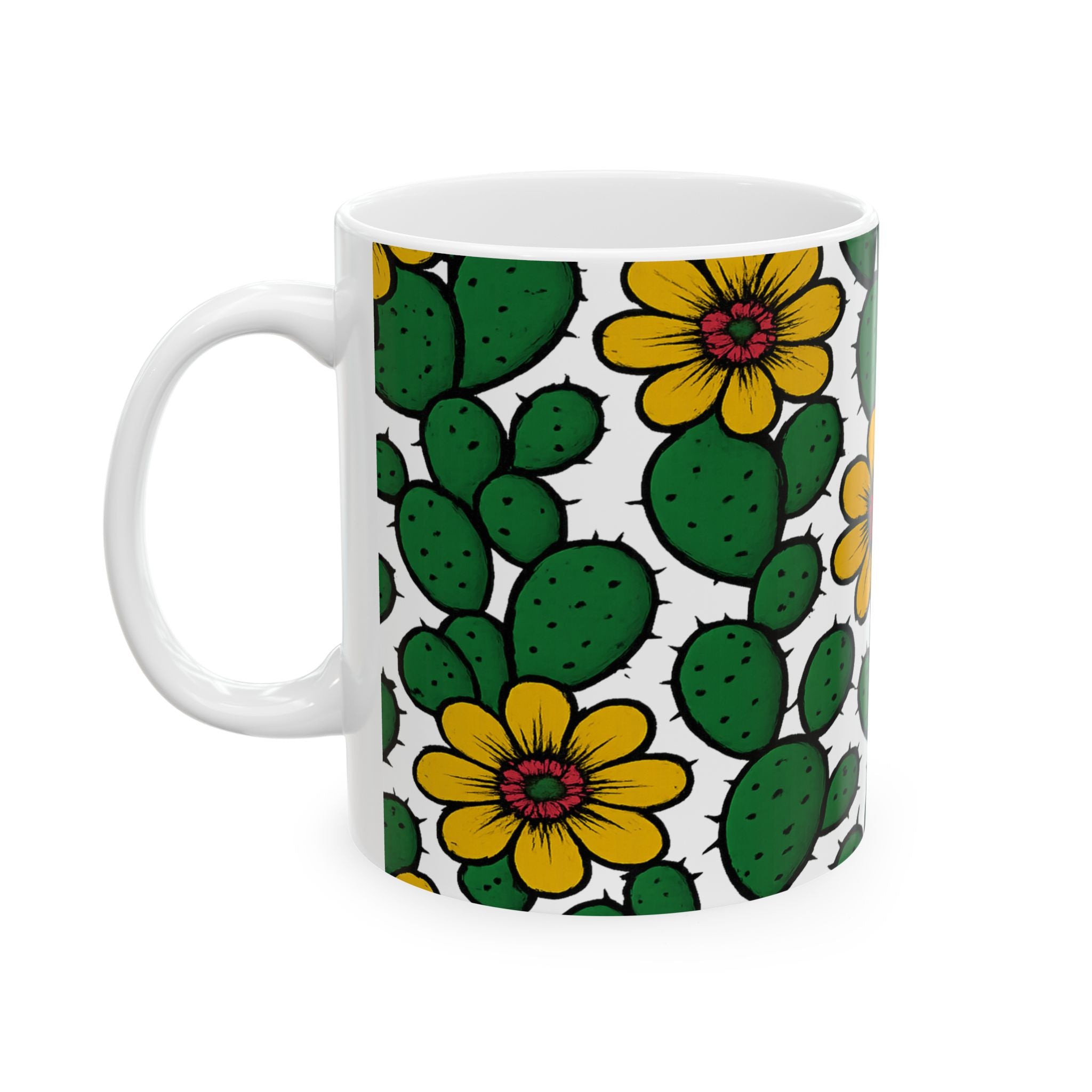 Bold Blooming Cactus Flowers Full Wrap Coffee Mug | Cactus Gift | Ceramic Mug