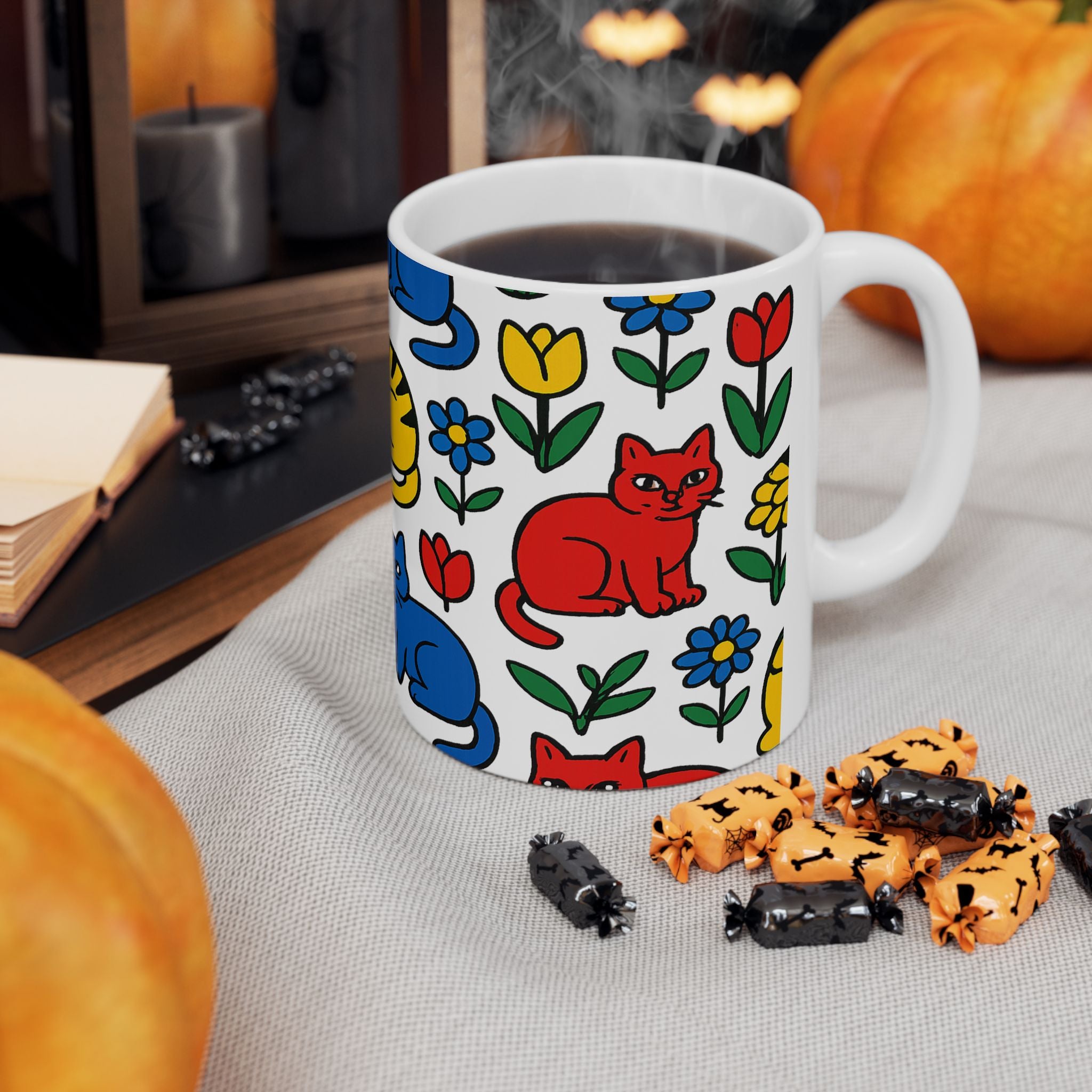 Bold Cats In Garden Full Wrap Coffee Mug | Cats Gift | Ceramic Mug