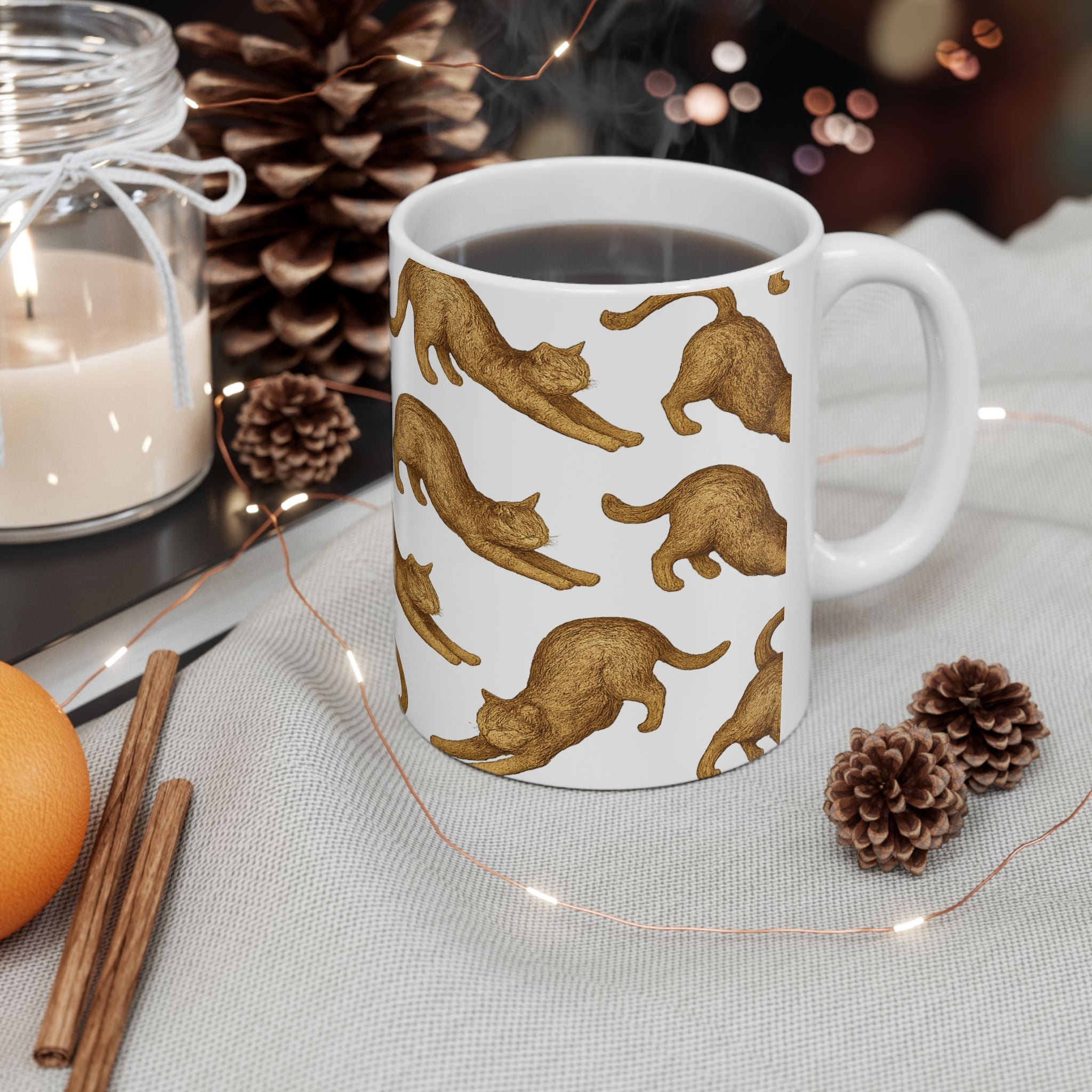 Vintage Stretching Cats Full Wrap Coffee Mug | Cats Gift | Ceramic Mug