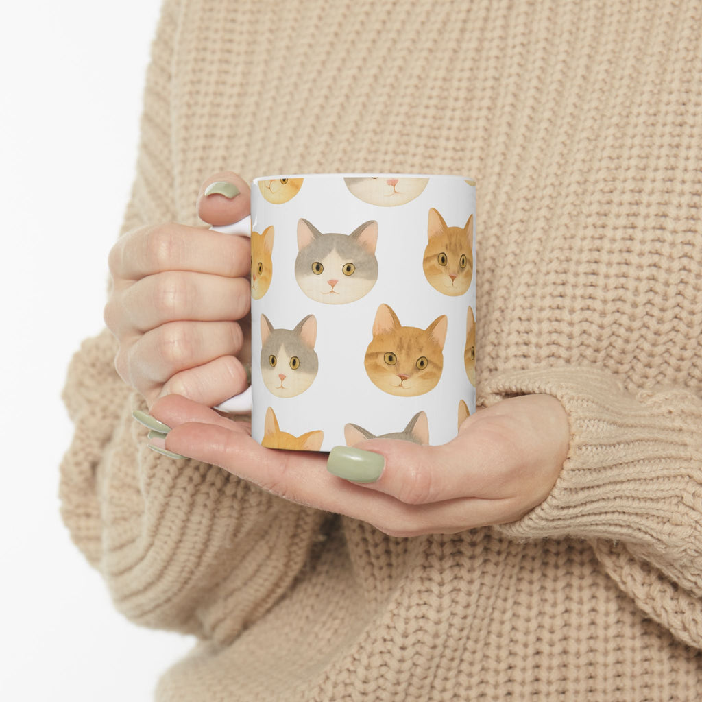 Watercolor Cat Faces Full Wrap Coffee Mug | Cats Gift | Ceramic Mug