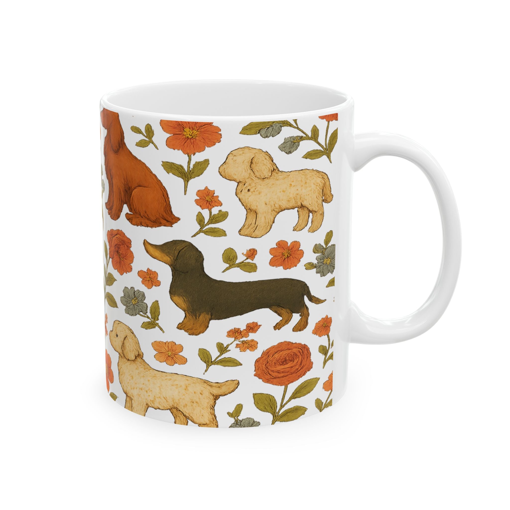 Vintage Dogs And Flowers Full Wrap Coffee Mug | Dogs Gift | Ceramic Mug
