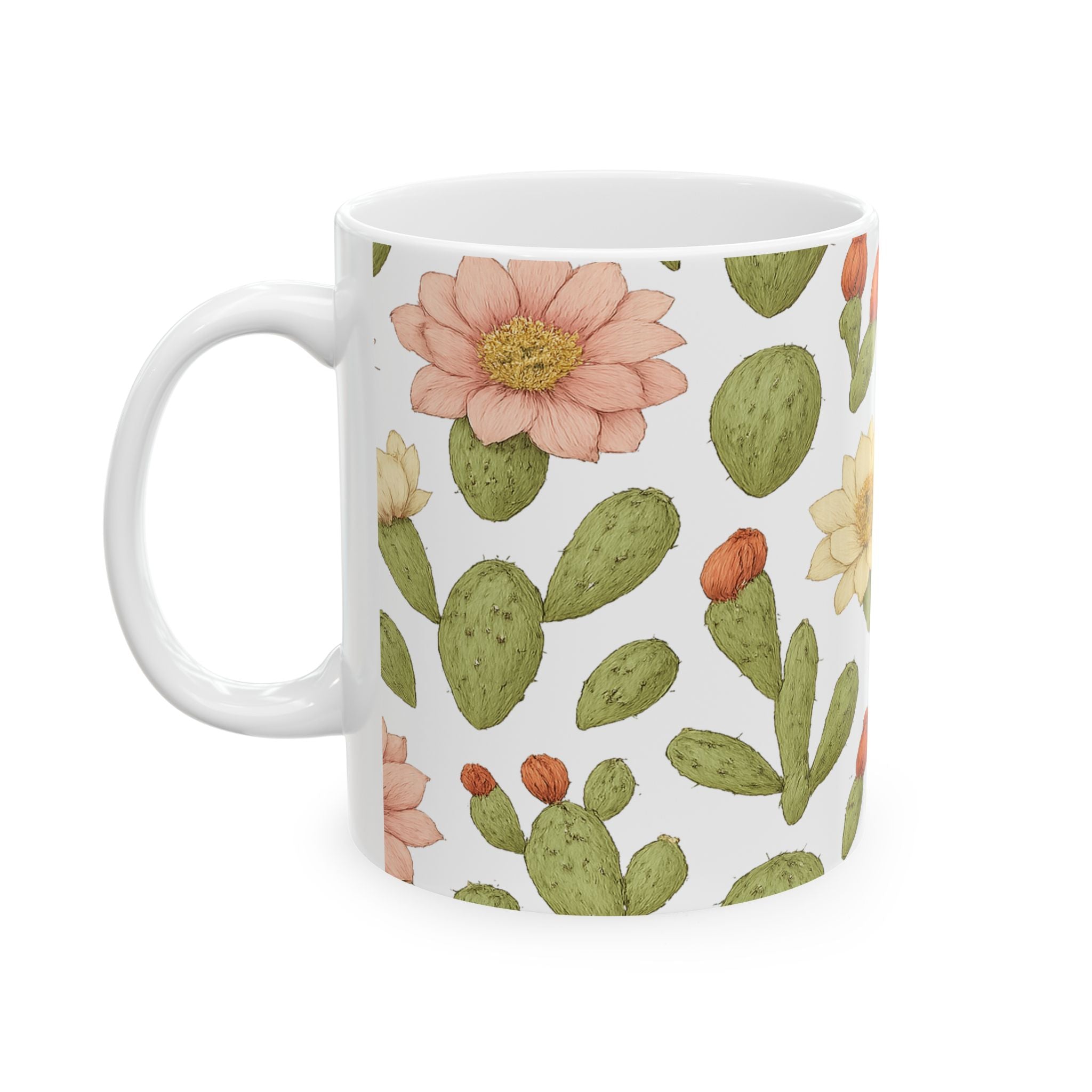 Botanical Blooming Cactus Flowers Full Wrap Coffee Mug | Cactus Gift | Ceramic Mug