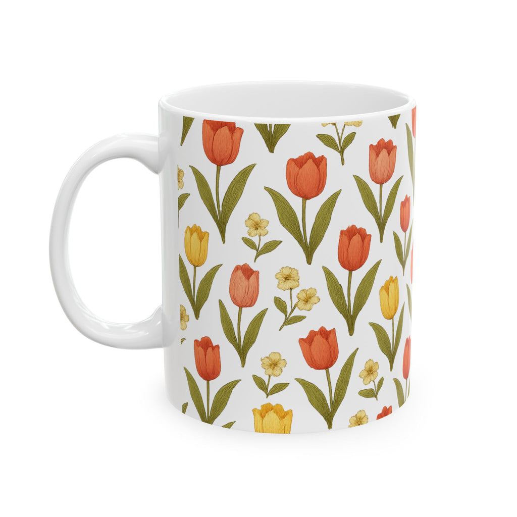 Vintage Tulip Garden Full Wrap Coffee Mug | Flowers Gift | Ceramic Mug