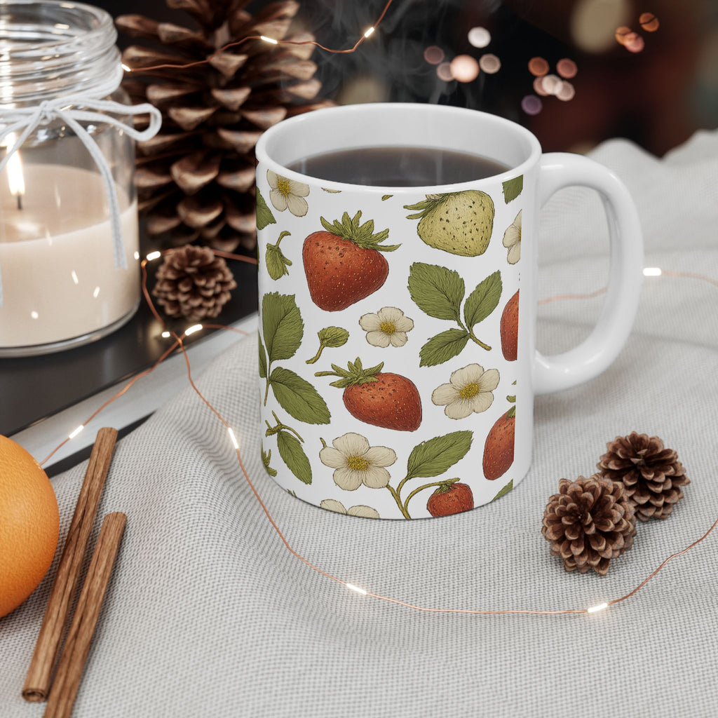 Botanical Strawberries Pattern Coffee Mug | Fruit Lover Gift | Ceramic Mug