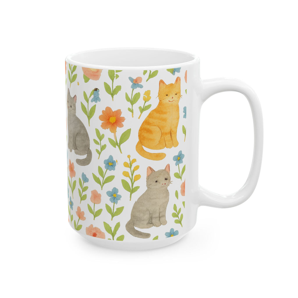 Watercolor Cats In Garden Full Wrap Coffee Mug | Cats Gift | Ceramic Mug