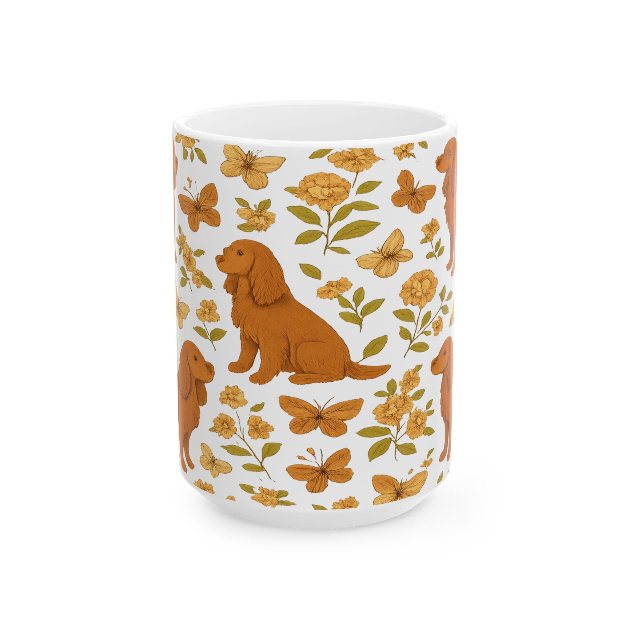 Vintage Dogs And Butterflies Full Wrap Coffee Mug | Dogs Gift | Ceramic Mug