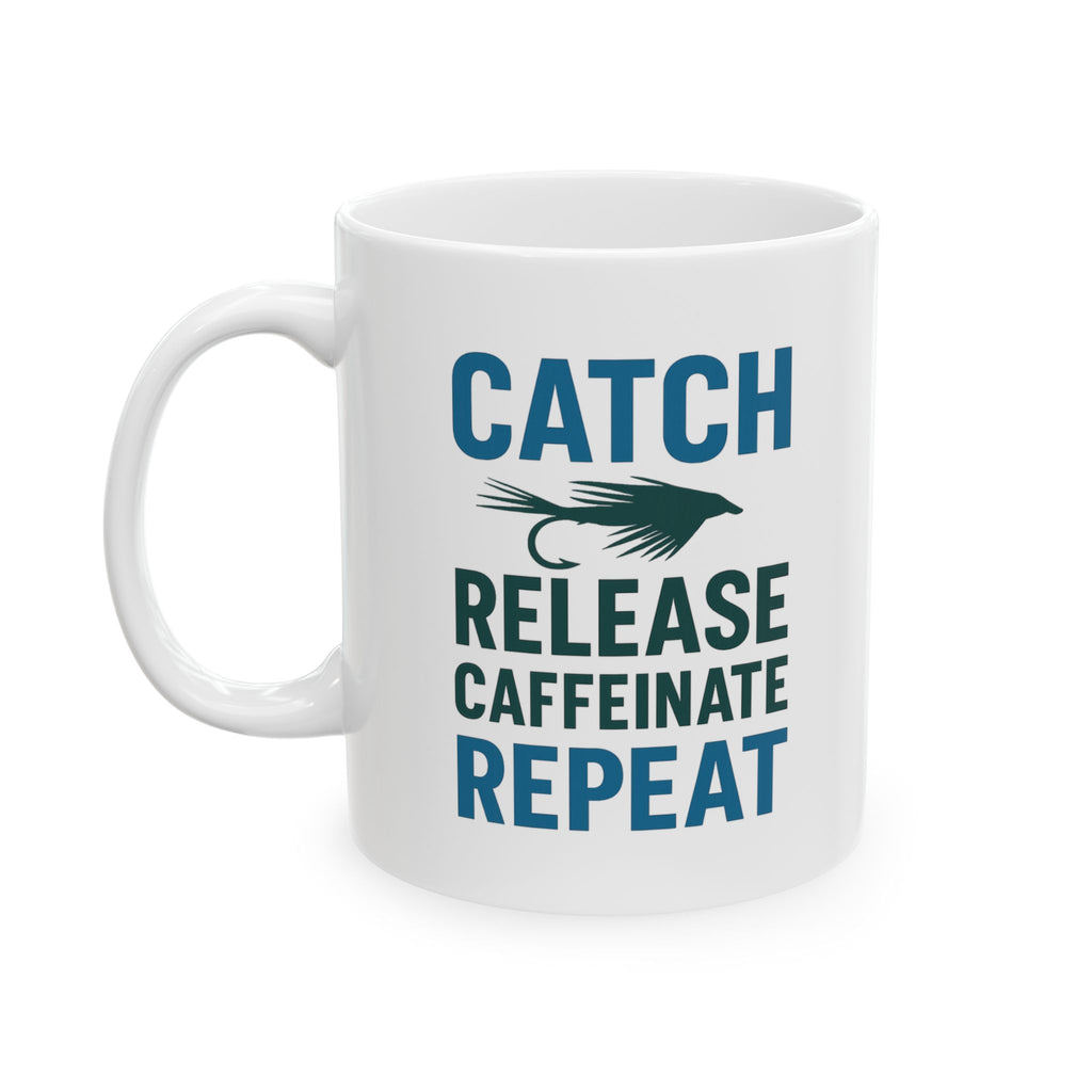 Fly Fisherman Catch Release Caffeinate Repeat Coffee Mug | Cat Lover Gift | Ceramic Mug