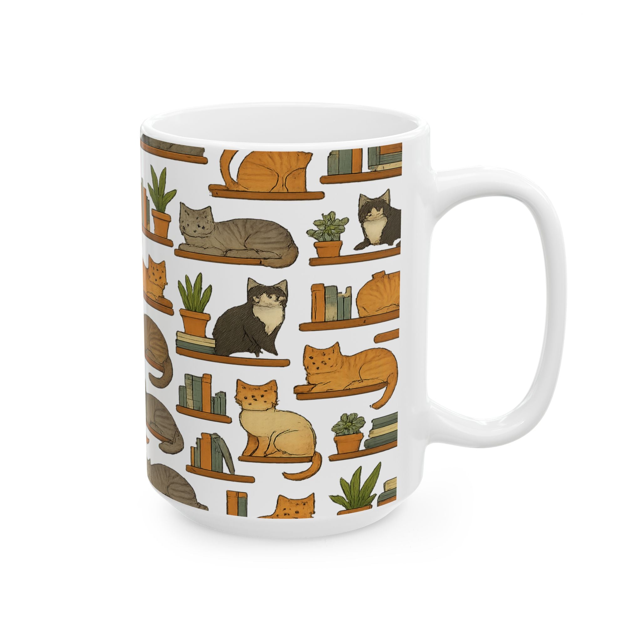 Botanical Cats On Shelves Full Wrap Coffee Mug | Cats Gift | Ceramic Mug
