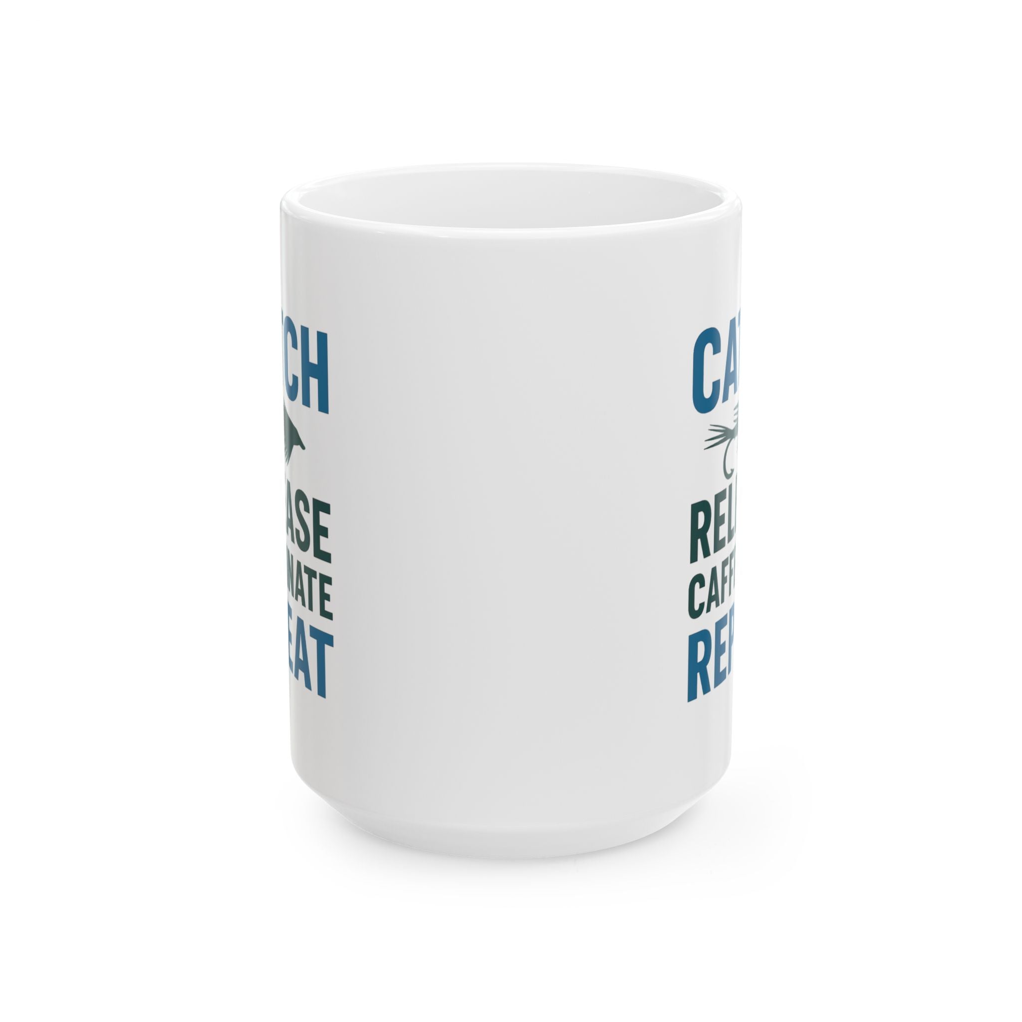 Fly Fisherman Catch Release Caffeinate Repeat Coffee Mug | Cat Lover Gift | Ceramic Mug