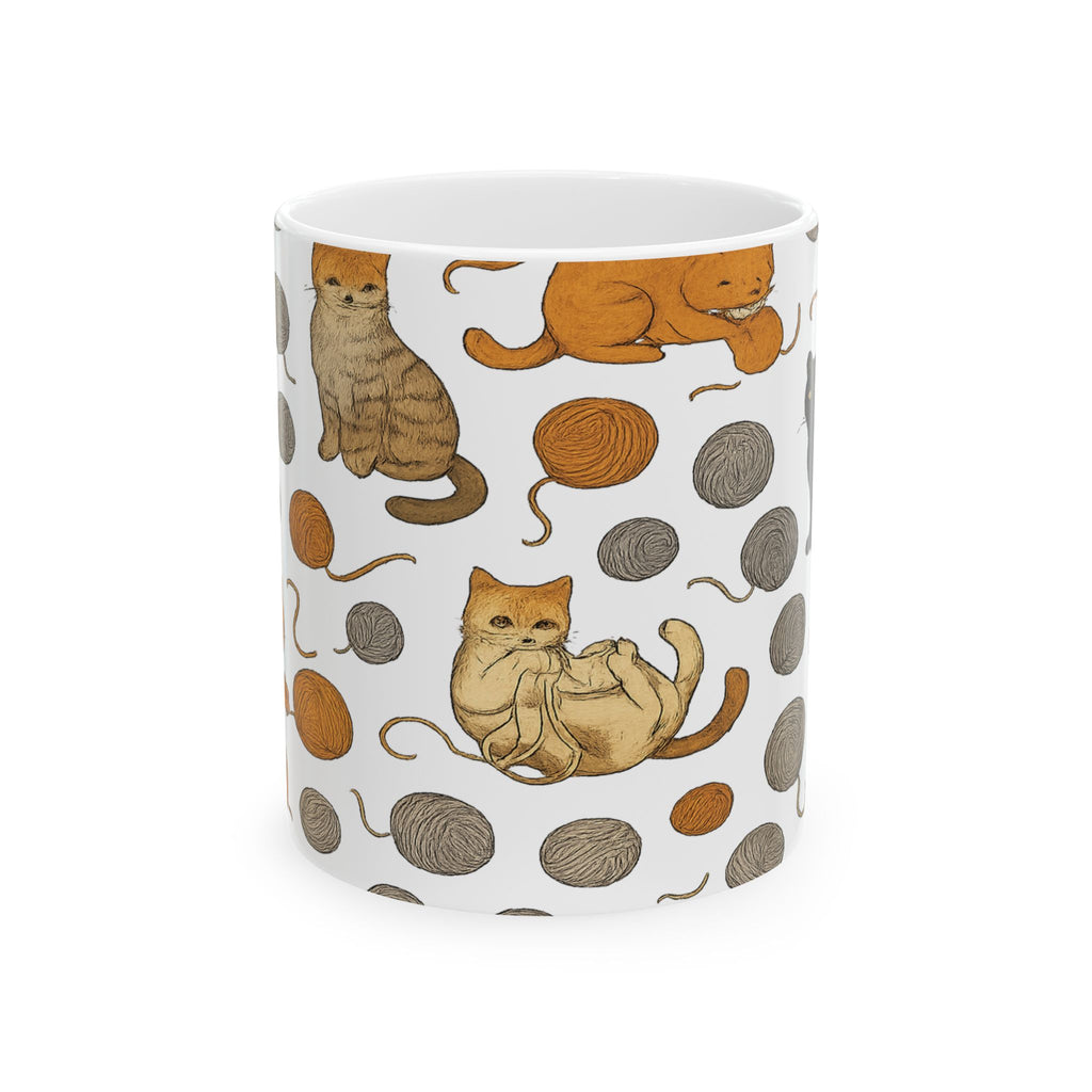 Botanical Cats With Yarn Full Wrap Coffee Mug | Cats Gift | Ceramic Mug