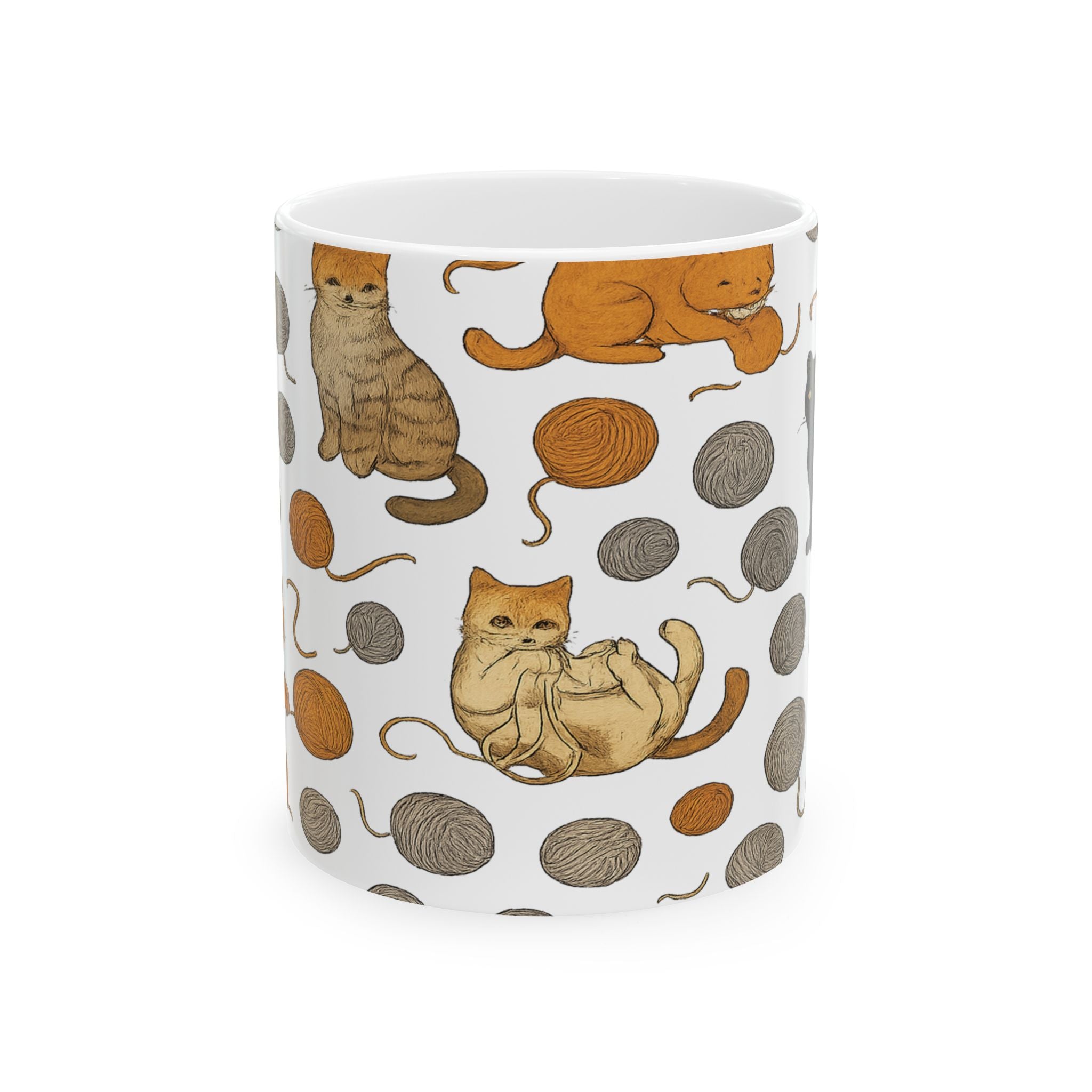 Botanical Cats With Yarn Full Wrap Coffee Mug | Cats Gift | Ceramic Mug