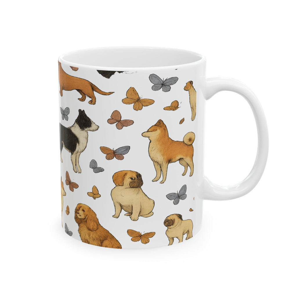 Botanical Dogs And Butterflies Full Wrap Coffee Mug | Dogs Gift | Ceramic Mug