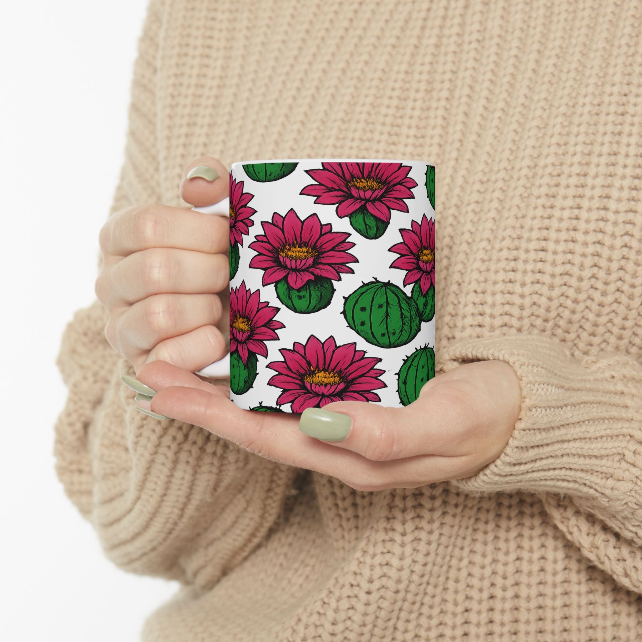Bold Blooming Cactus Flowers Pattern Coffee Mug | Cactus Lover Gift | Ceramic Mug