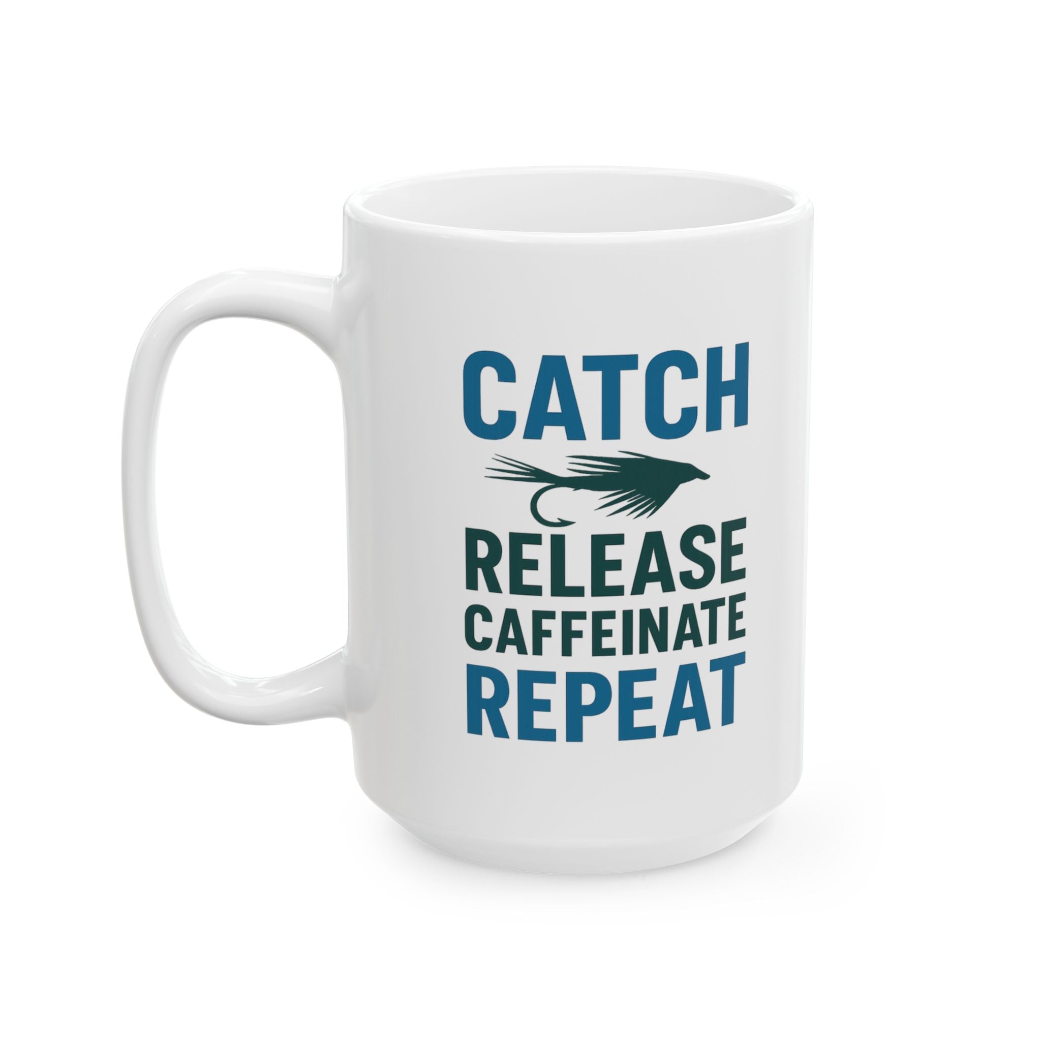 Fly Fisherman Catch Release Caffeinate Repeat Coffee Mug | Cat Lover Gift | Ceramic Mug