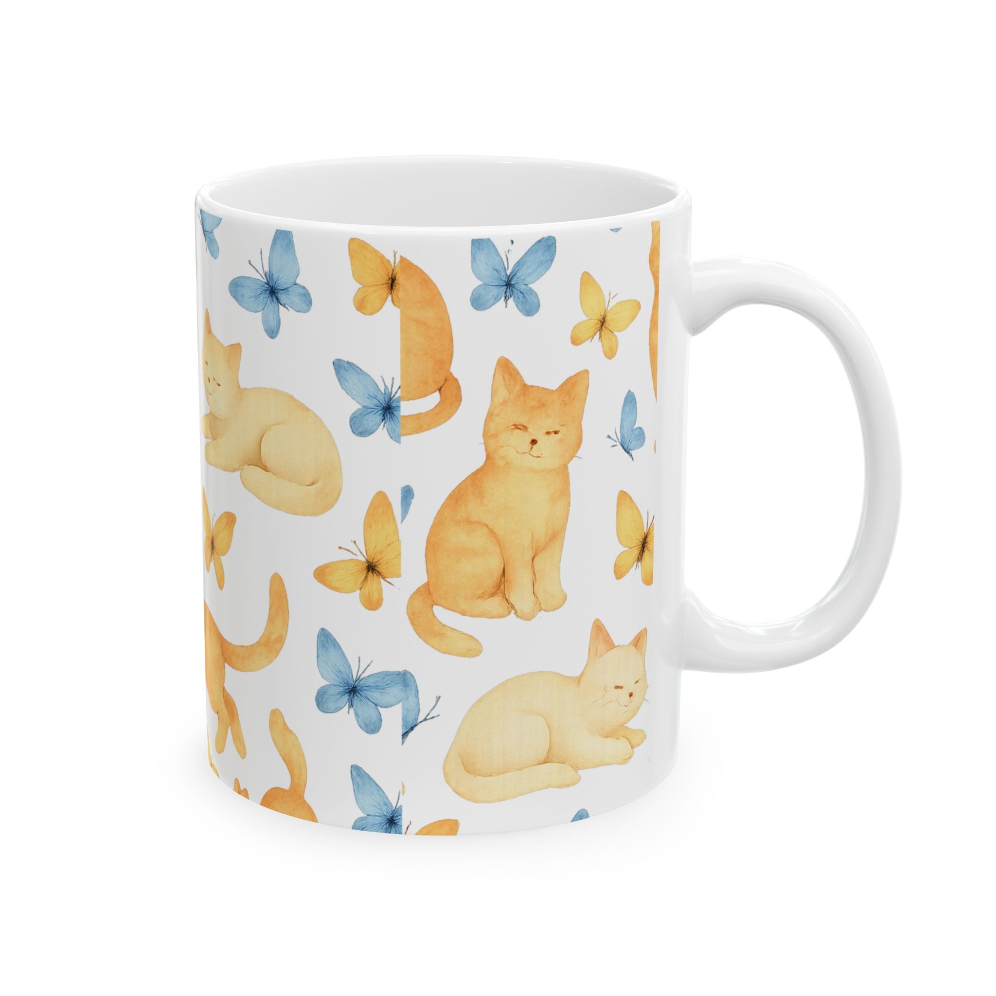 Watercolor Cats And Butterflies Full Wrap Coffee Mug | Cats Gift | Ceramic Mug
