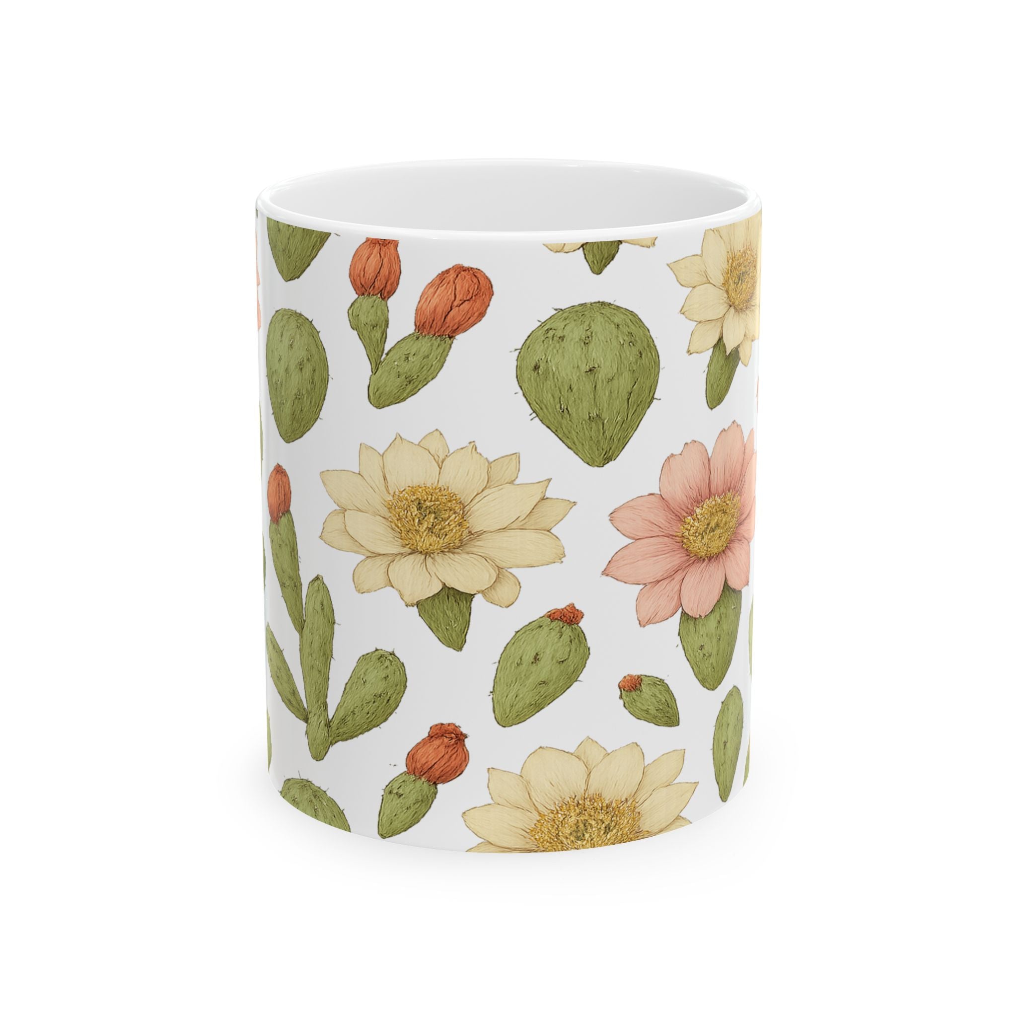 Botanical Blooming Cactus Flowers Full Wrap Coffee Mug | Cactus Gift | Ceramic Mug