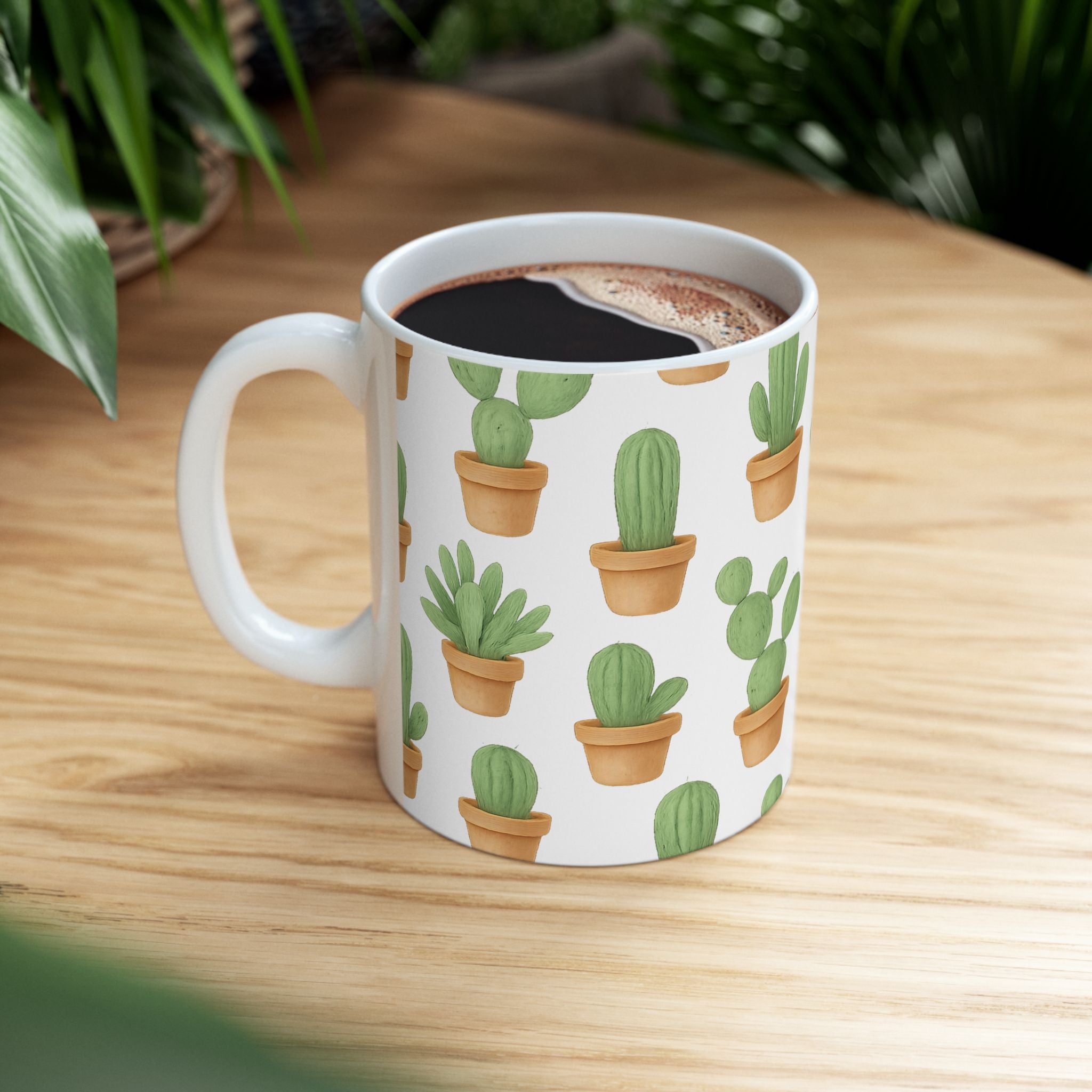 Watercolor Tiny Potted Cactus Full Wrap Coffee Mug | Cactus Gift | Ceramic Mug