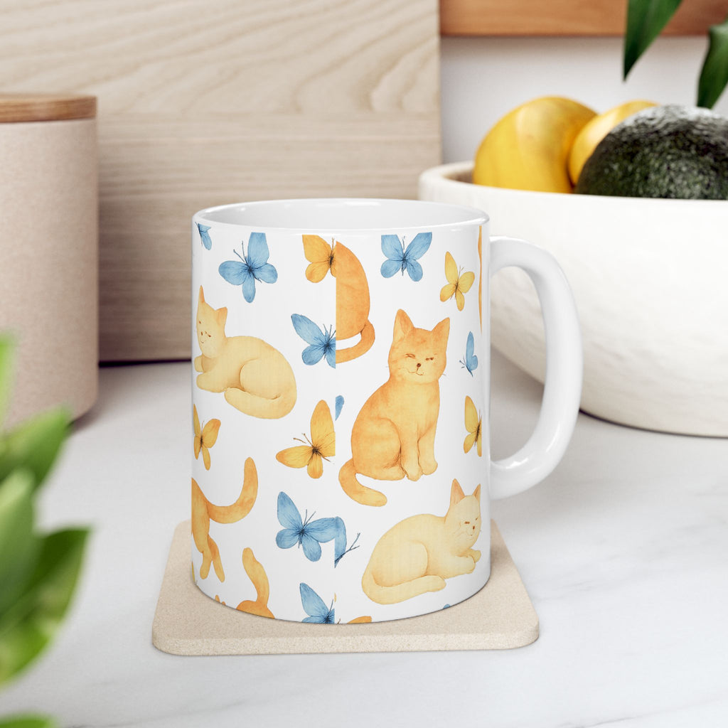 Watercolor Cats And Butterflies Full Wrap Coffee Mug | Cats Gift | Ceramic Mug