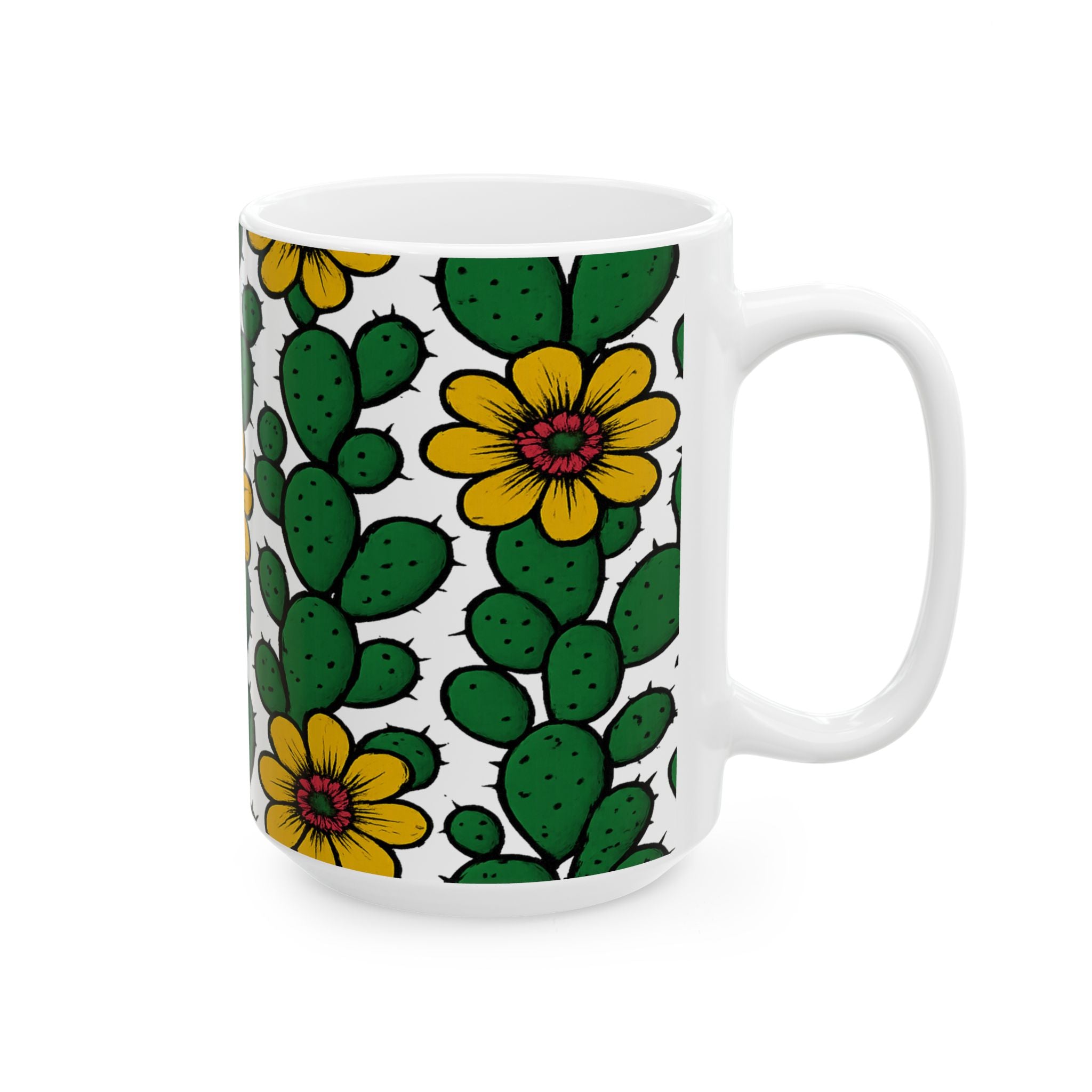 Bold Blooming Cactus Flowers Full Wrap Coffee Mug | Cactus Gift | Ceramic Mug