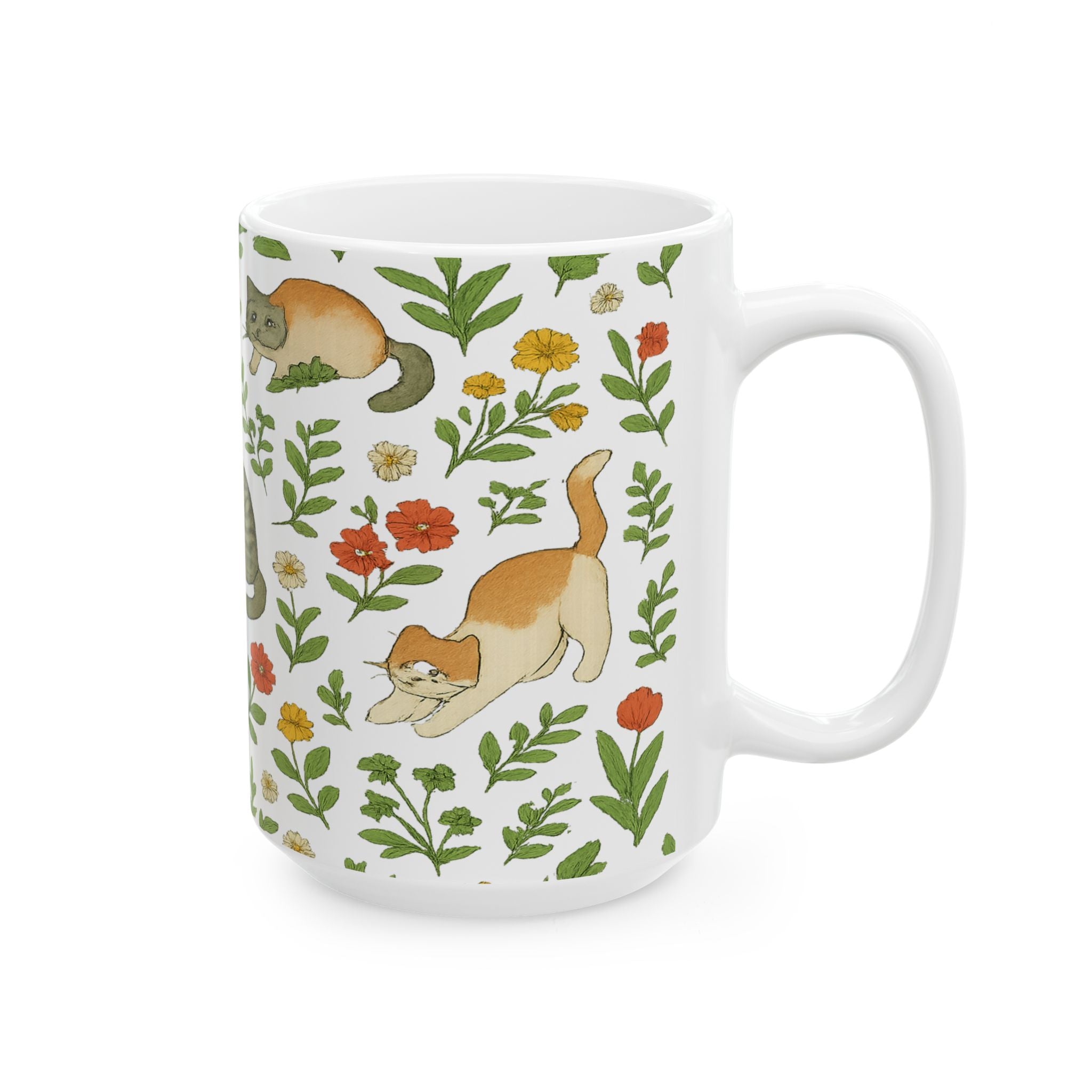 Botanical Cats In Garden Full Wrap Coffee Mug | Cats Gift | Ceramic Mug