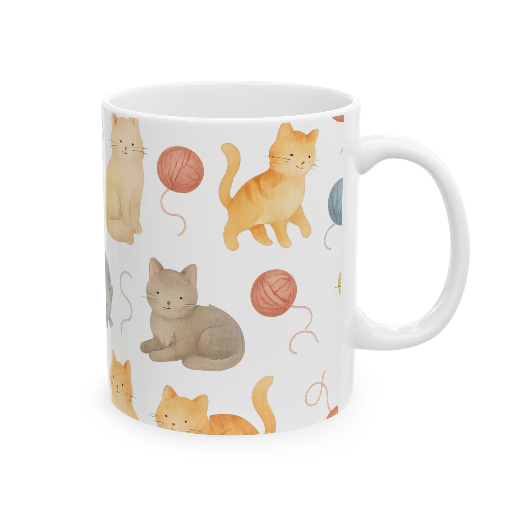 Watercolor Cats With Yarn Full Wrap Coffee Mug | Cats Gift | Ceramic Mug