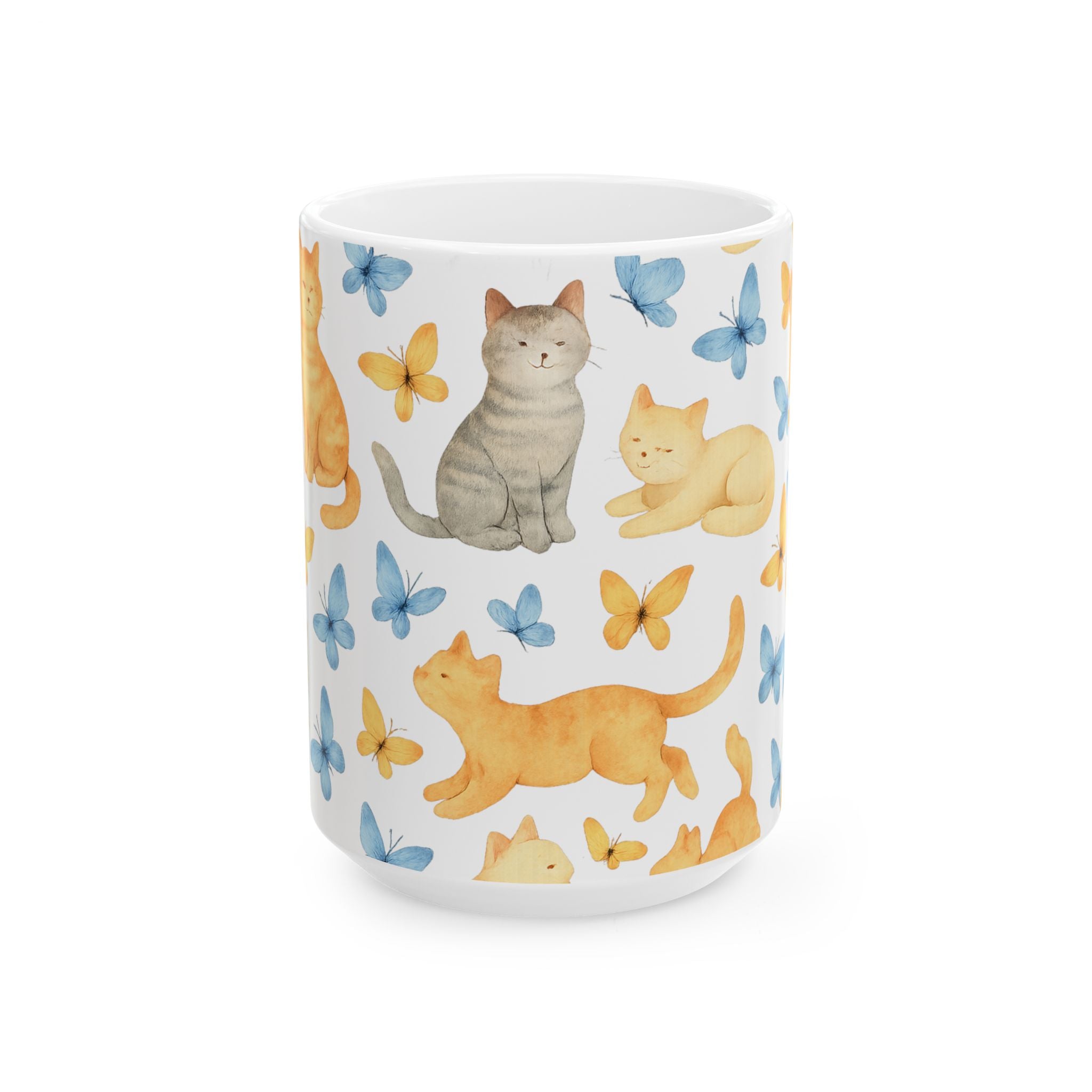 Watercolor Cats And Butterflies Full Wrap Coffee Mug | Cats Gift | Ceramic Mug