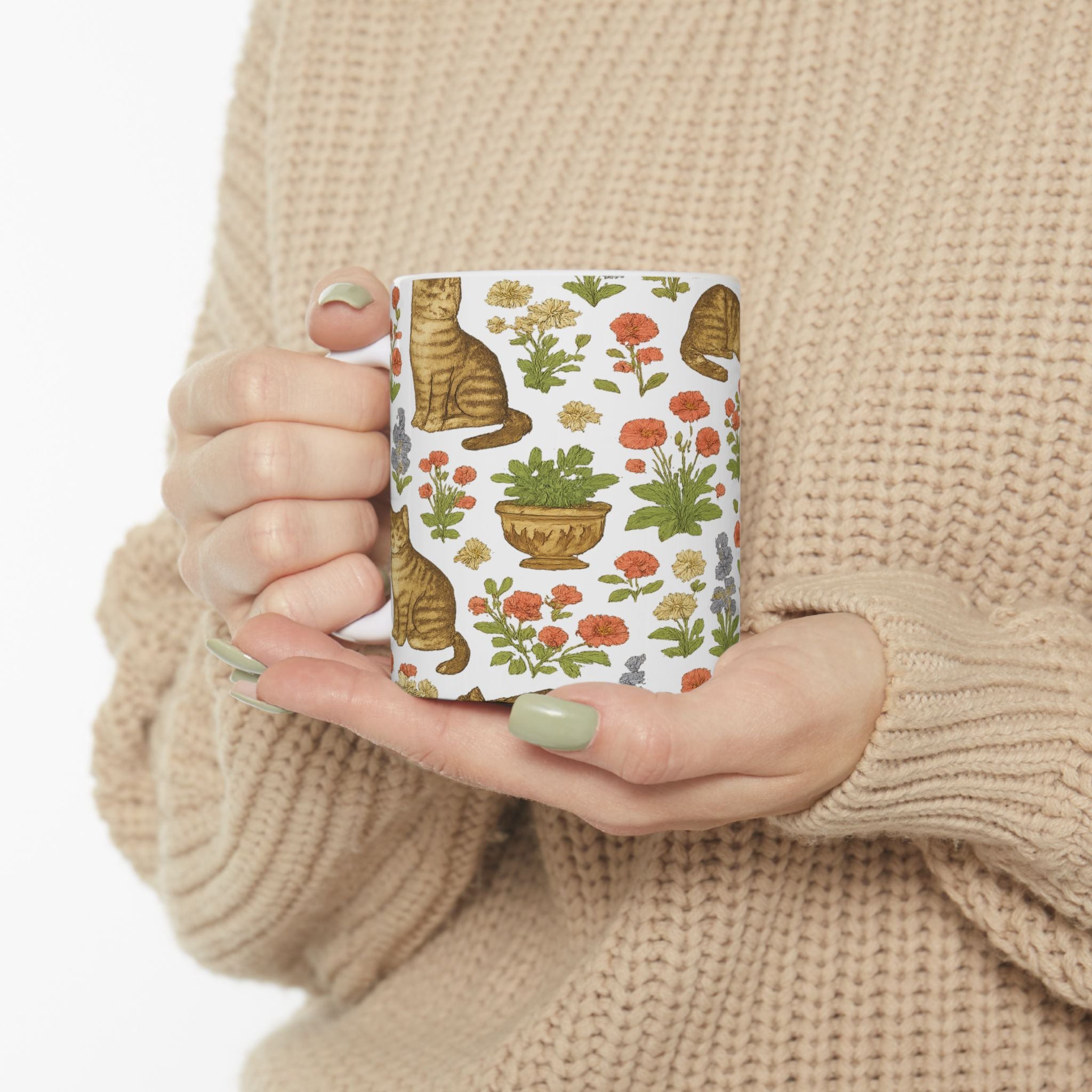 Vintage Cats In Garden Full Wrap Coffee Mug | Cats Gift | Ceramic Mug