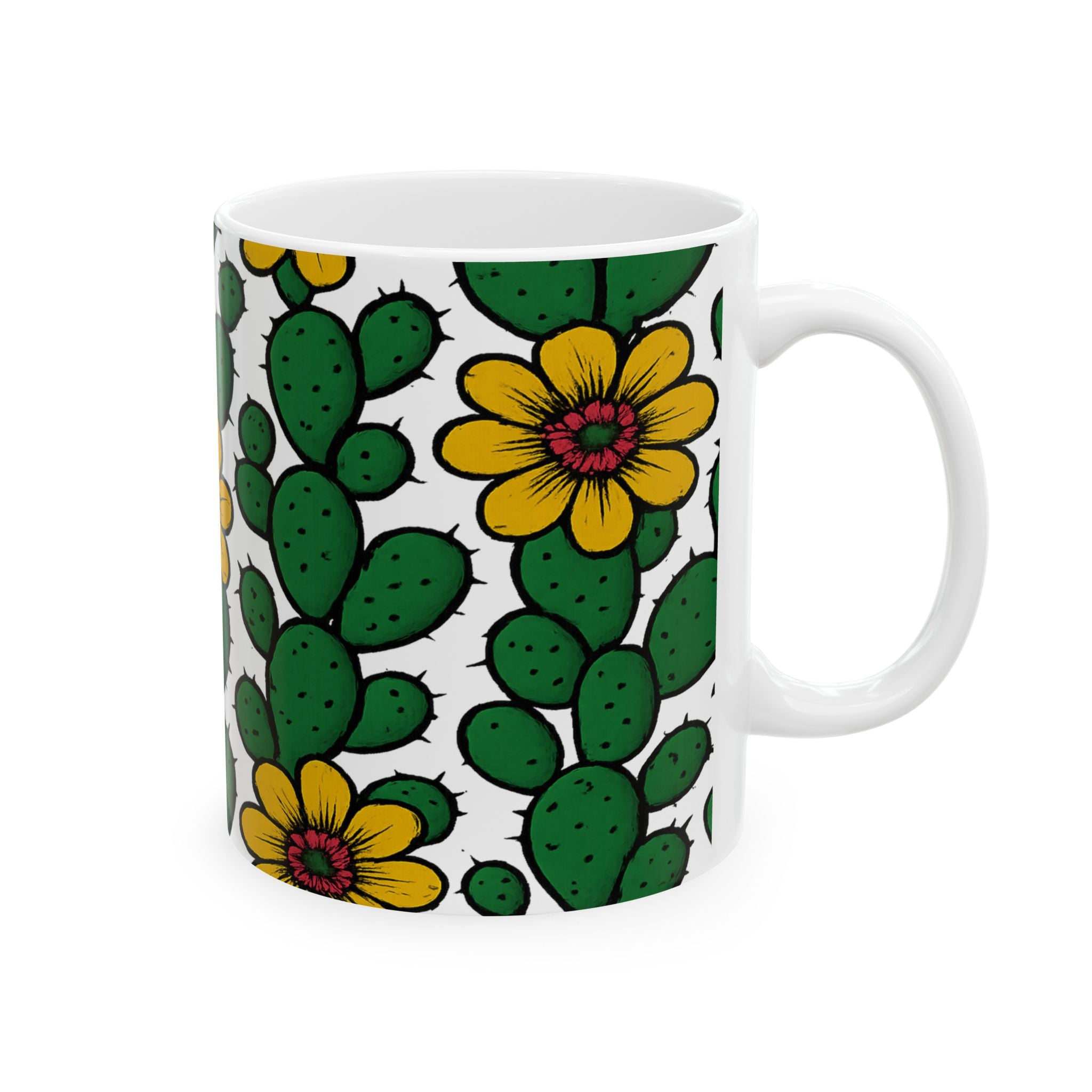 Bold Blooming Cactus Flowers Full Wrap Coffee Mug | Cactus Gift | Ceramic Mug